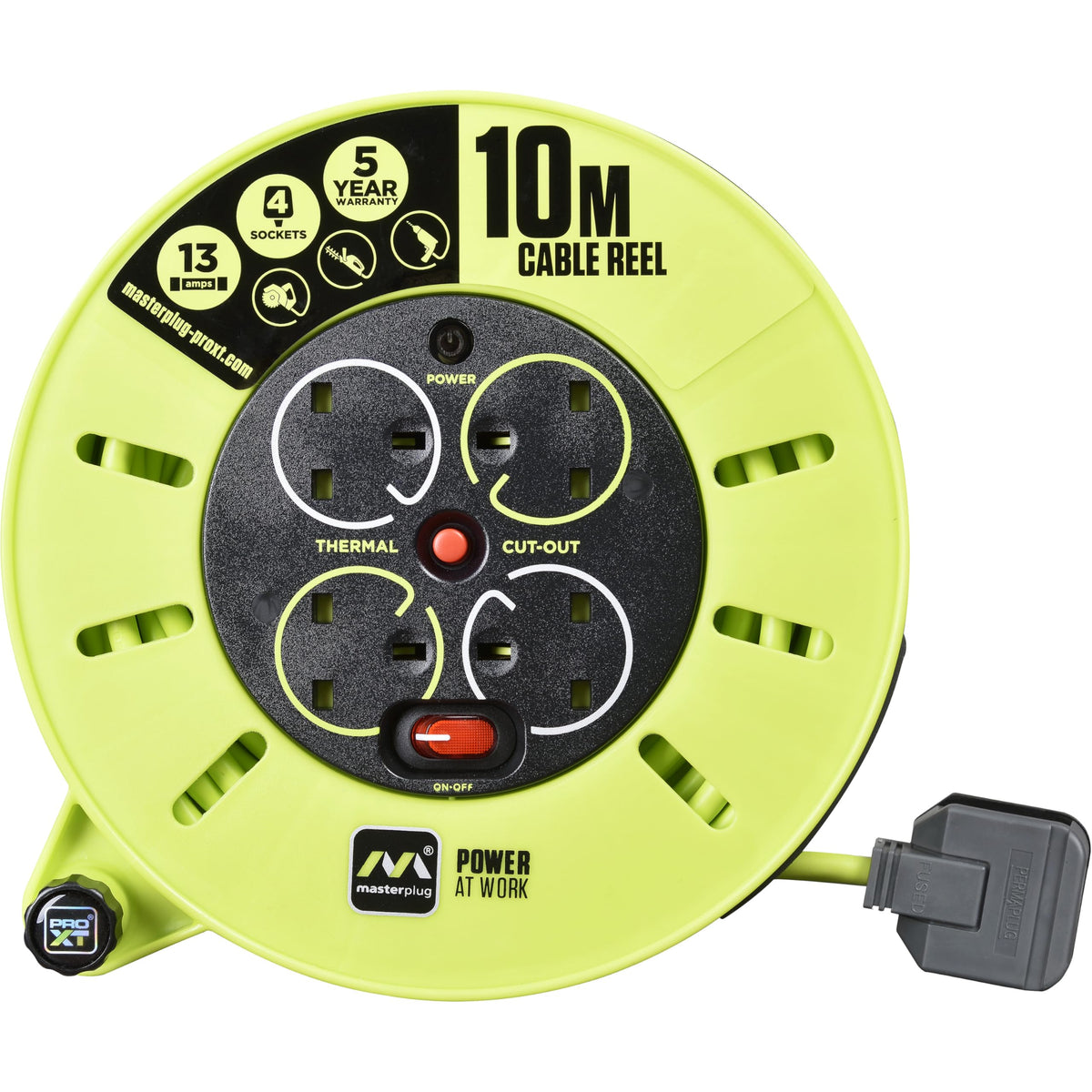 Masterplug Four Socket, 10 Metre Premium Cassette Reel, Medium Power Cable Extension Reel, Thermal Cut-Out & Power Indicator, Heavy Duty, Pro-XT,