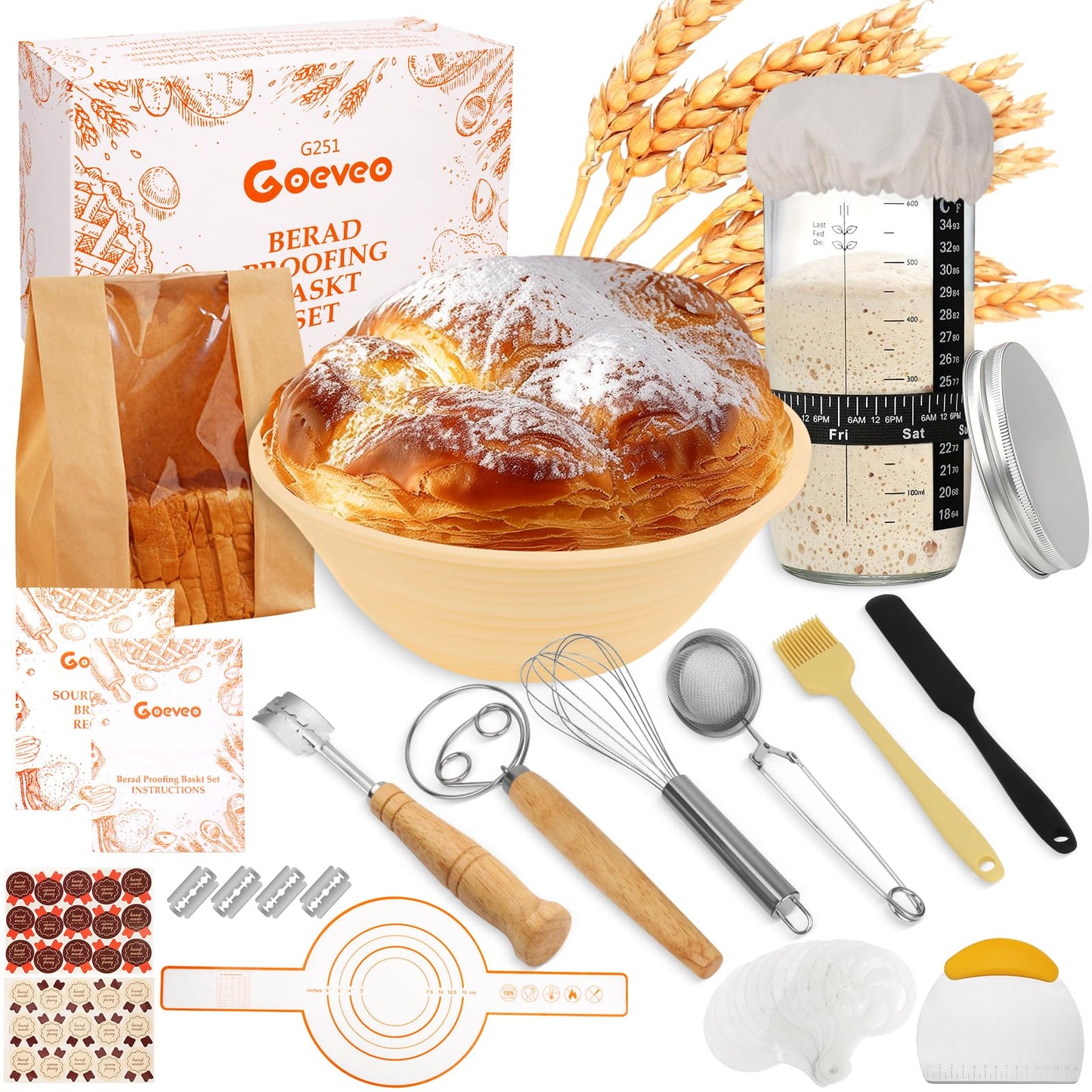 Goeveo Sourdough Starter Kit, 16Pcs Bread Proofing Basket 650ml Sourdough Starter Jar Feeding Time Tracker Basket Baking Accessories Bread Making