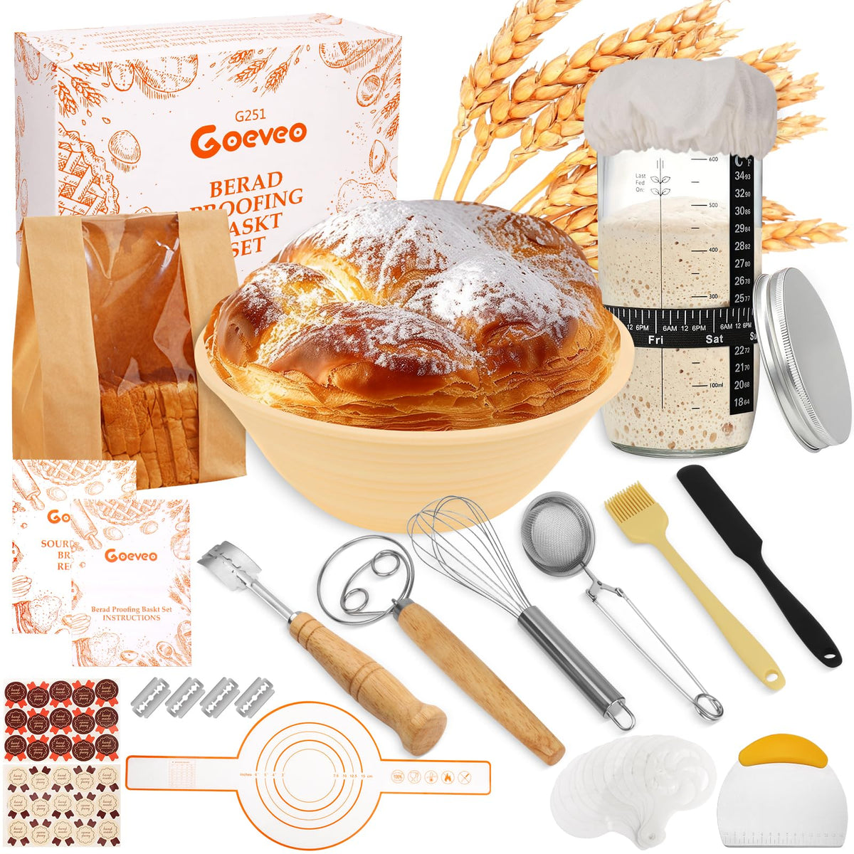 Goeveo Sourdough Starter Kit, 16Pcs Bread Proofing Basket 650ml Sourdough Starter Jar Feeding Time Tracker Basket Baking Accessories Bread Making