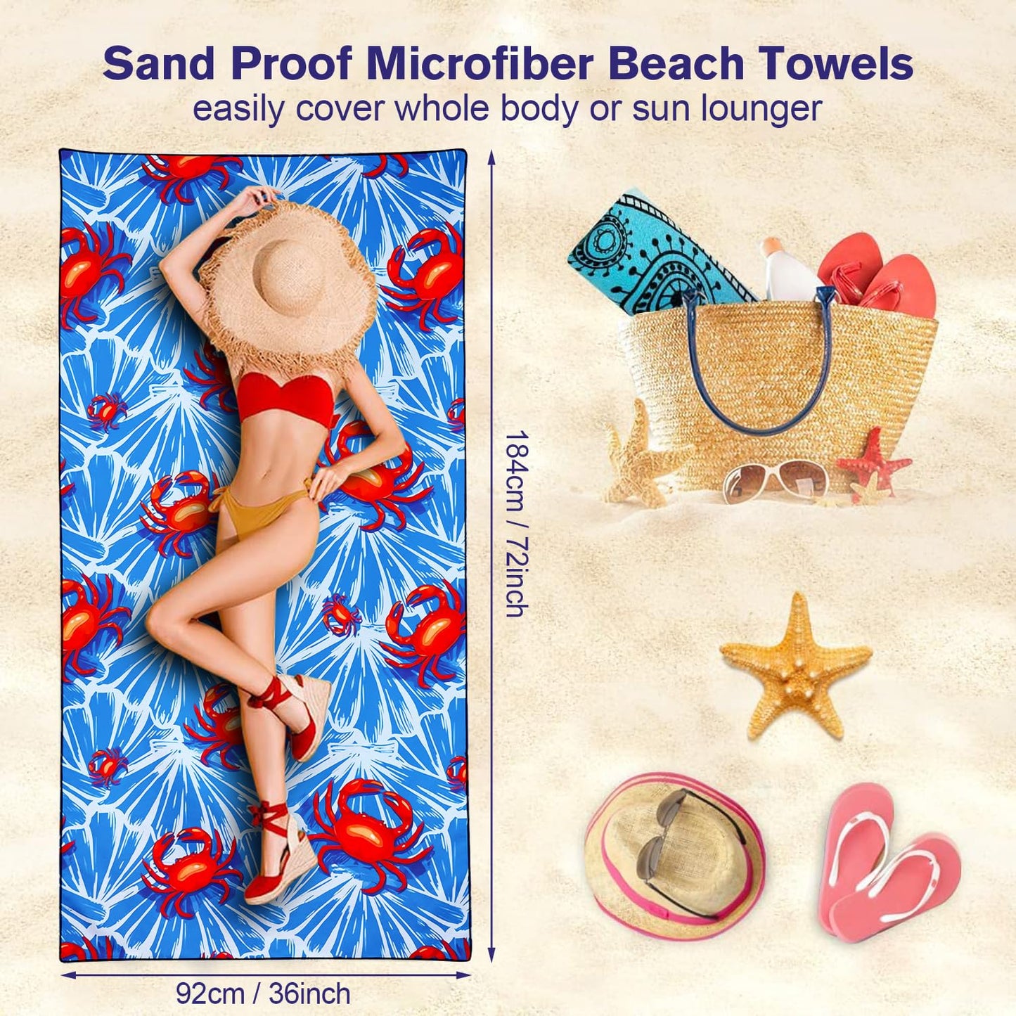 Violetpos Red Crab Print Beach Towel, Extra Large 180x90 cm 250GSM Microfibre, Sand Free Quick Dry