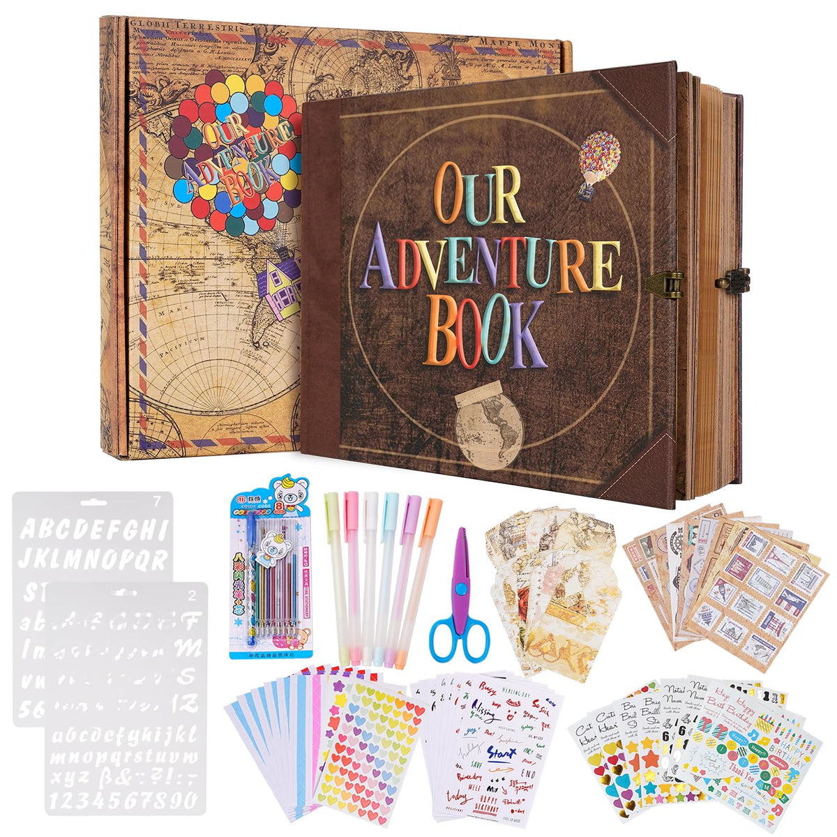 Our Adventure Book 146 Pages 8.9 * 7.7 Inch Scrapbook Photo Album with Scrapbooking Supplies,3D Retro Style Embossed Letter Cover Memory Book for