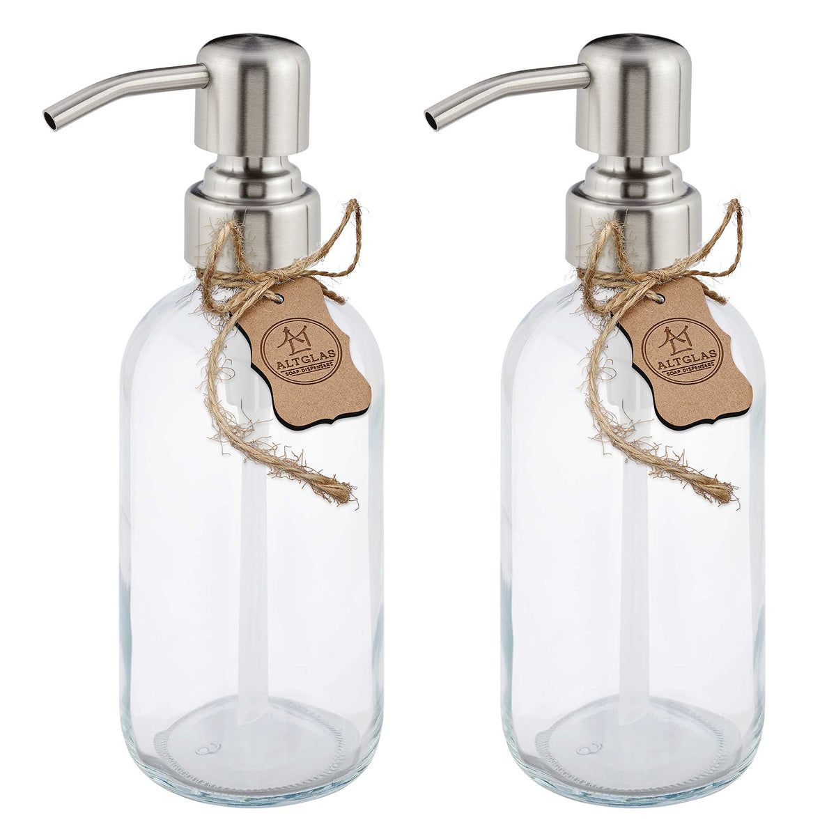 ALTGLAS Refillable Glass Soap Dispenser 'Sarajevo' from Clear Bottle with 304 Stainless Steel Pump in Brushed Silver (250ml, Set of 2)