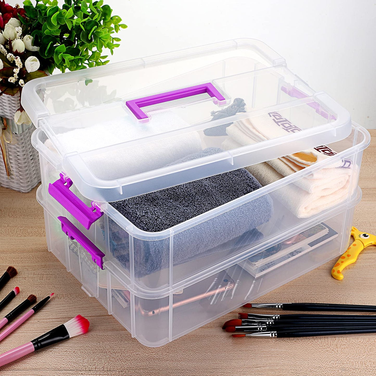 IGNPION 2-Tier Stackable Craft Storage Box Plastic Adjustable Storage Containers with Carry Handle Transparent Containers Organiser for Art & Craft