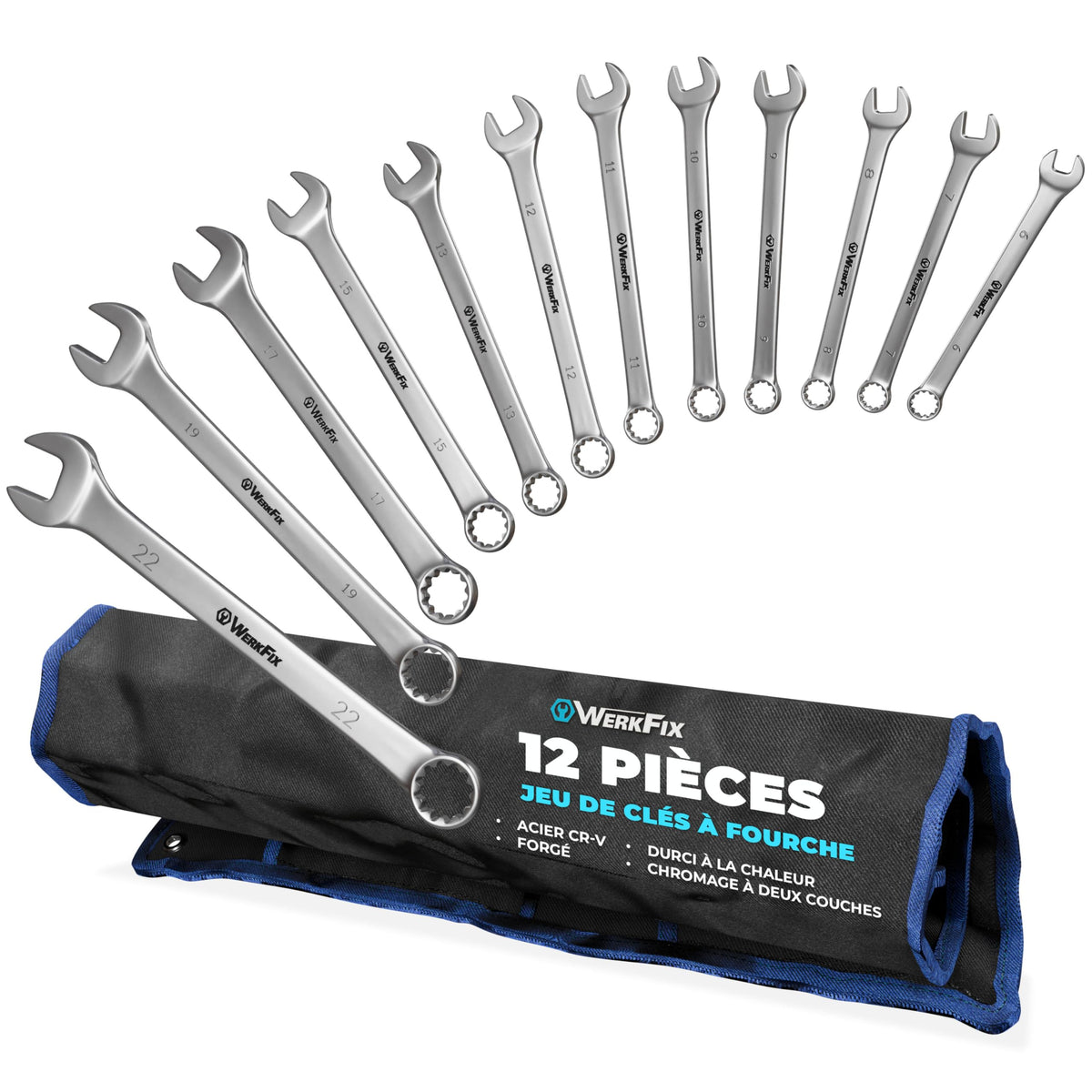 S&R WerkFix Combination Spanner Set 12 pcs 6?22 mm ? Metric Spanner Set in Roll Bag | Cr-V Steel, Laser-Marked, Matt Finish | 15? Offset Ring |