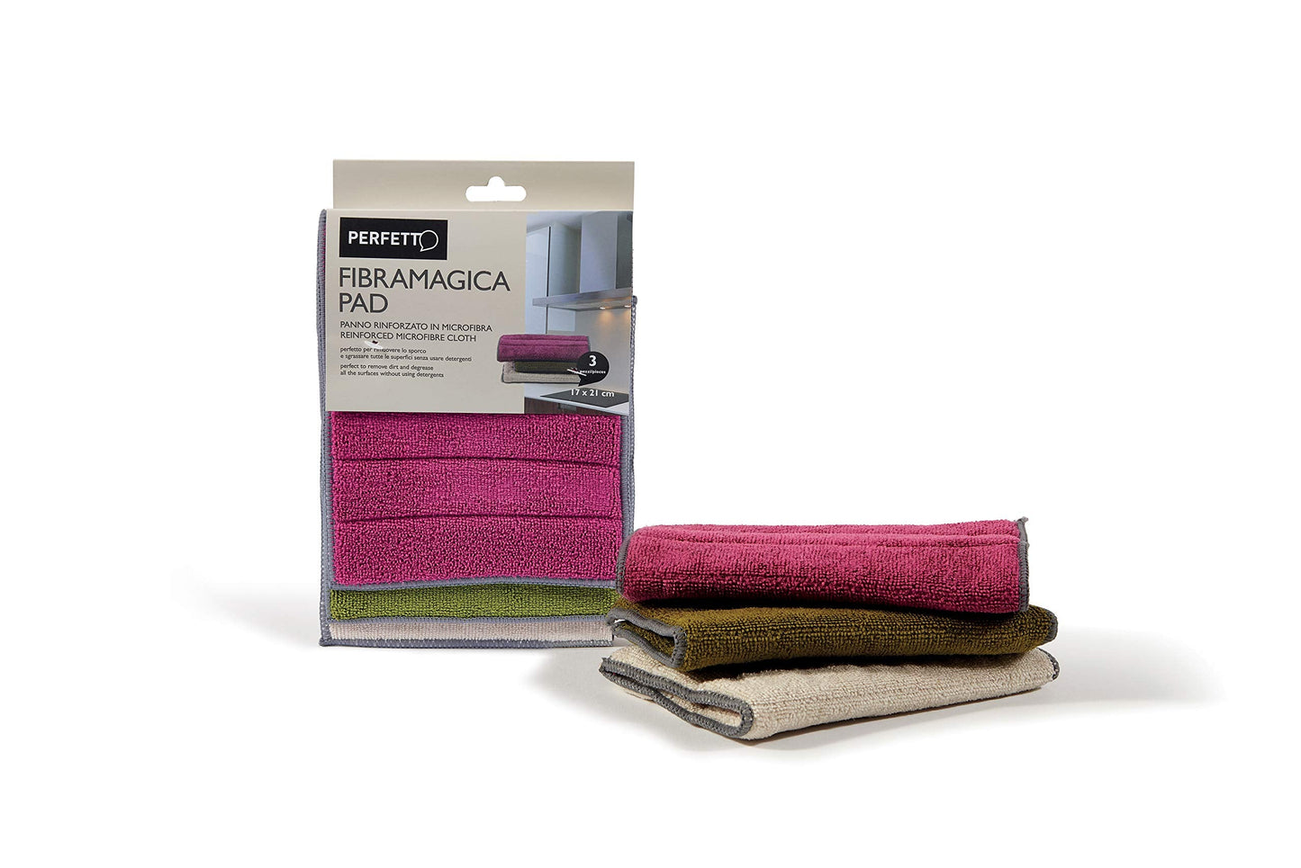 Perfetto Multipurpose Microfiber Cloth Fibramagica pad Pack of 4 Pieces. Dimension 21 x 17 Cm, Fabric, Porpora/Ghiaccio/Muschio, One Size