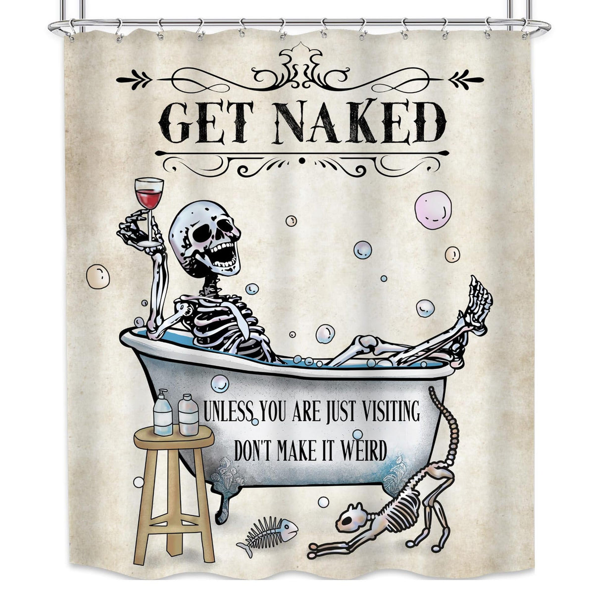 Halloween Funny Skull Shower Curtain Spooky Skeleton in Bathtub Holding Red Wine Bubble Bone Cat Halloween Festival Decor Bathroom Fabric Curtains