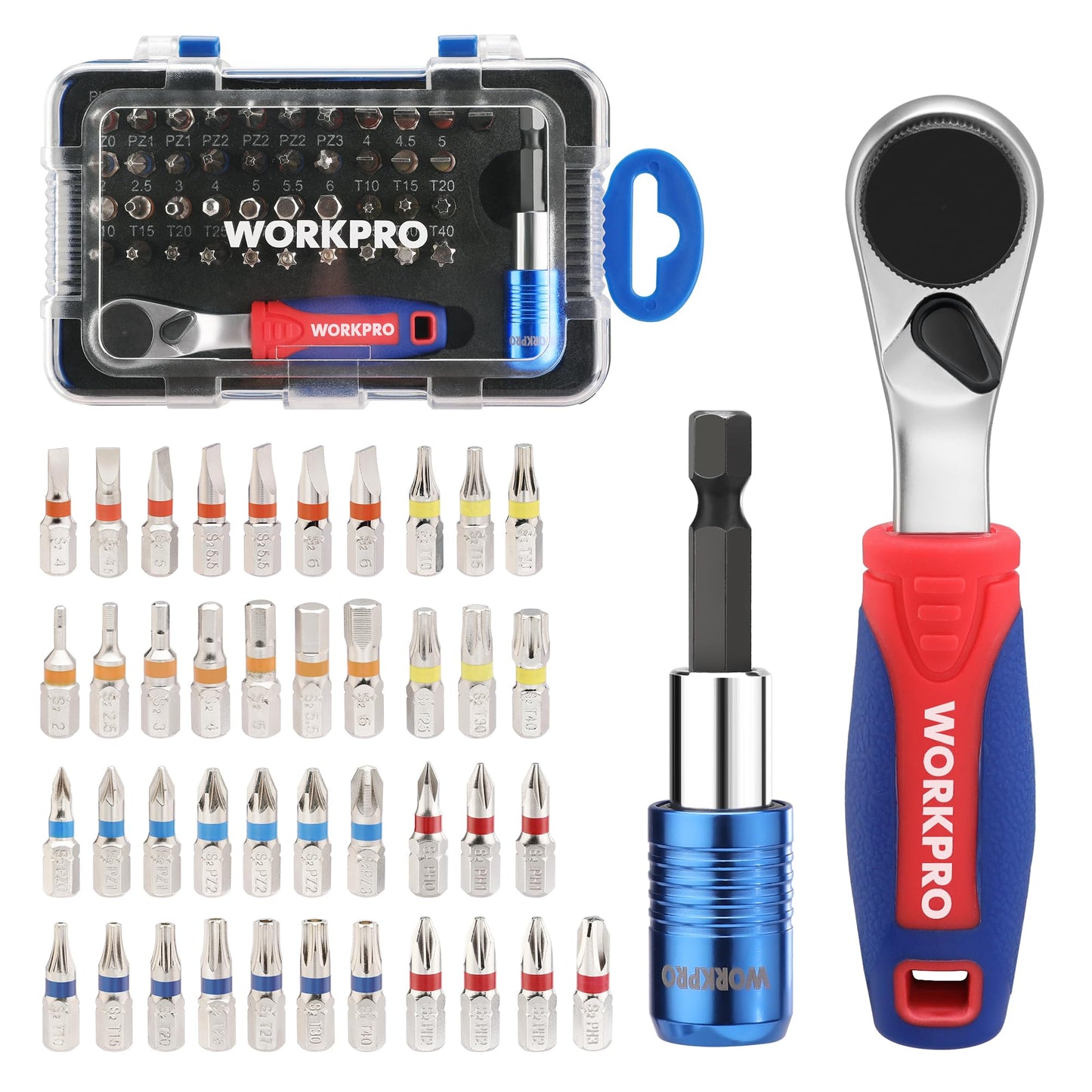 WORKPRO 43-Piece Mini Ratchet Wrench Screwdriver Bits Set, 1/4" Drive Mini Ratcheting Screwdriver, 90 Degree Small Reversible Drive Handle with Torx,
