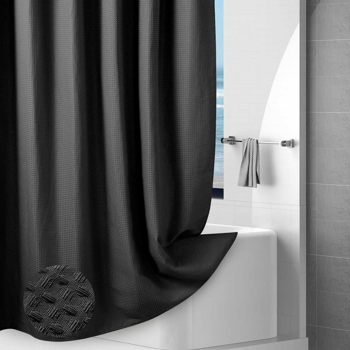 Hotel-Quality Black Waffle Shower Curtain, Water Repellent Bath Curtain Prevents Water Escaping, 256GSM Thick Heavy Duty Fabric Texture Wet Room