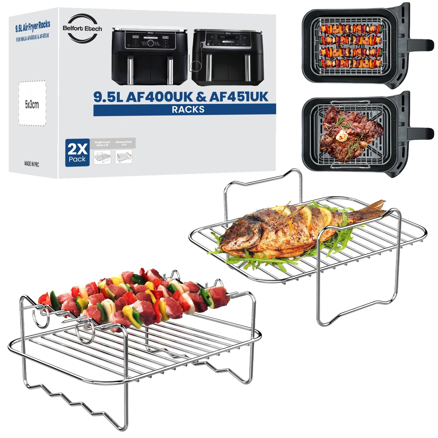 Ninja 9.5L AF400UK & DZ400UK Air Fryer Racks Set | Specifically Made for 9.5L Ninja AF400 | 304 Stainless Steel Single Layer & Skewer Rack | Air Fryer
