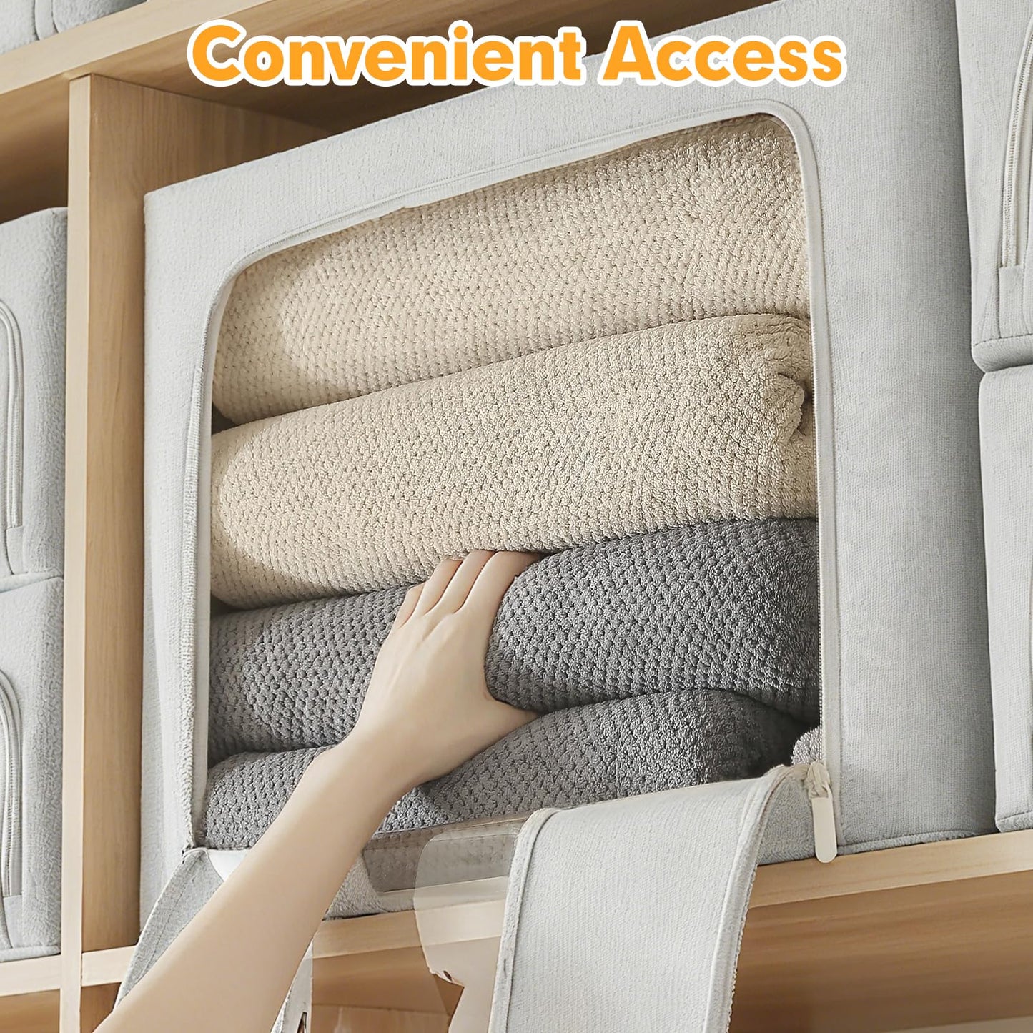 AIOR 2PCS 66L Clothes Storage Bags with Metal Frame, Foldable Fabric Storage Boxes with Clear Windows for Blankets Bedding Comforters