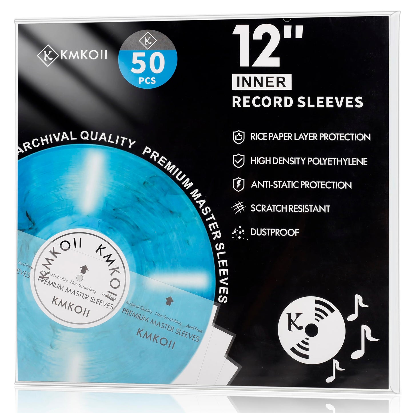 KMKOII 50 x Premium Anti Static Vinyl Inner Sleeves 12 Inch |Made of 3 Layer HDPE+1 Layer Rice Paper| Record Inner Sleeve 12 Inch Poly Lined Inner