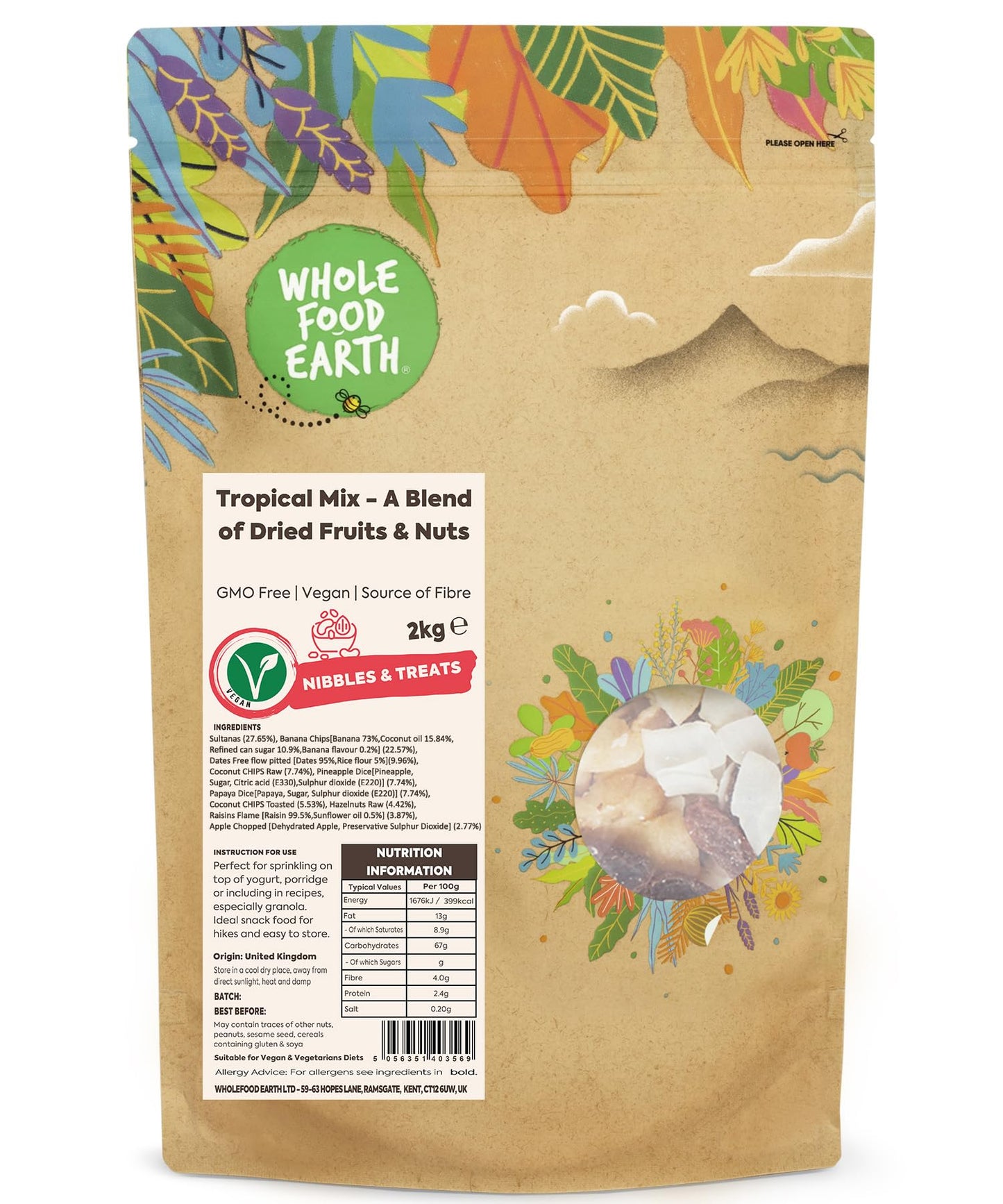 Wholefood Earth Tropical Mix - A Blend of Dried Fruits and Nuts 2 kg | GMO Free | Source of Fibre