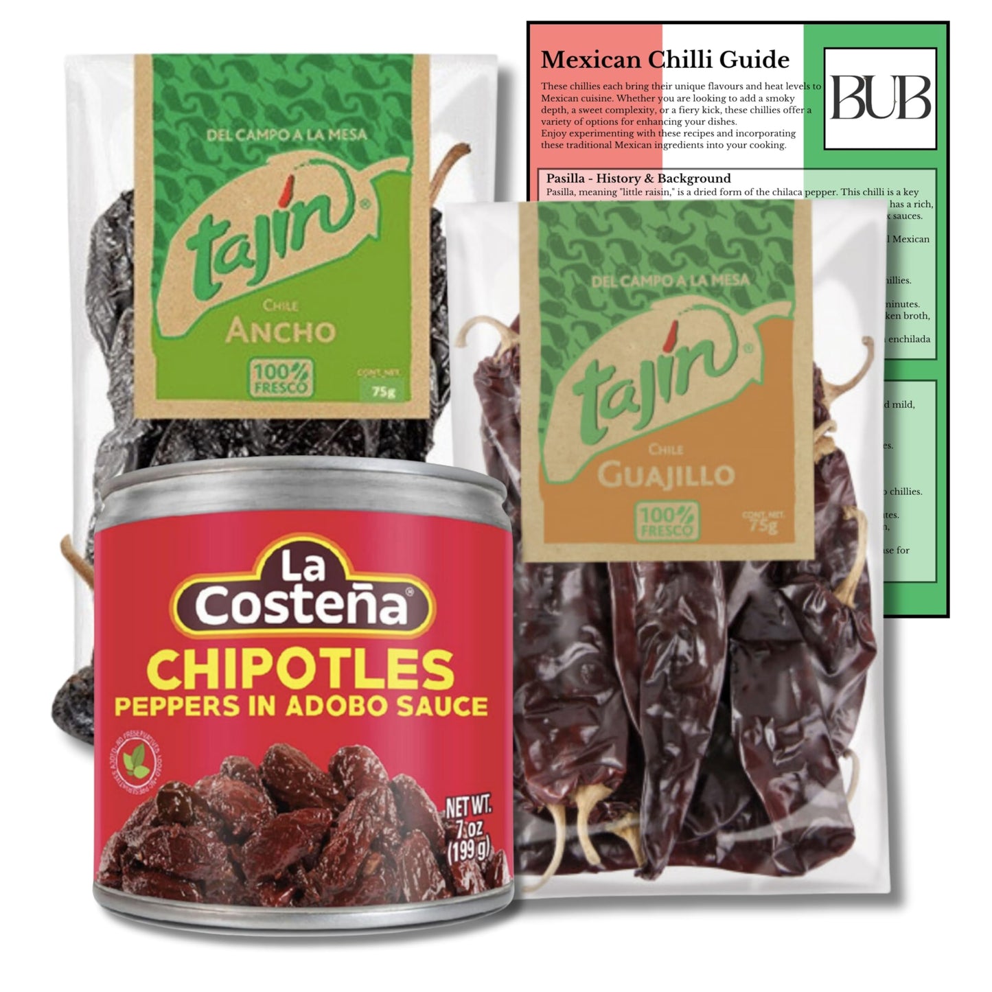 BUB Mexican Chilli Gift Pack - 3-Pack of 75g Tajin Dried Chillies: Ancho, Guajillo & La Costena Chipotle in Adobo 199g - Authentic Mexican Flavours