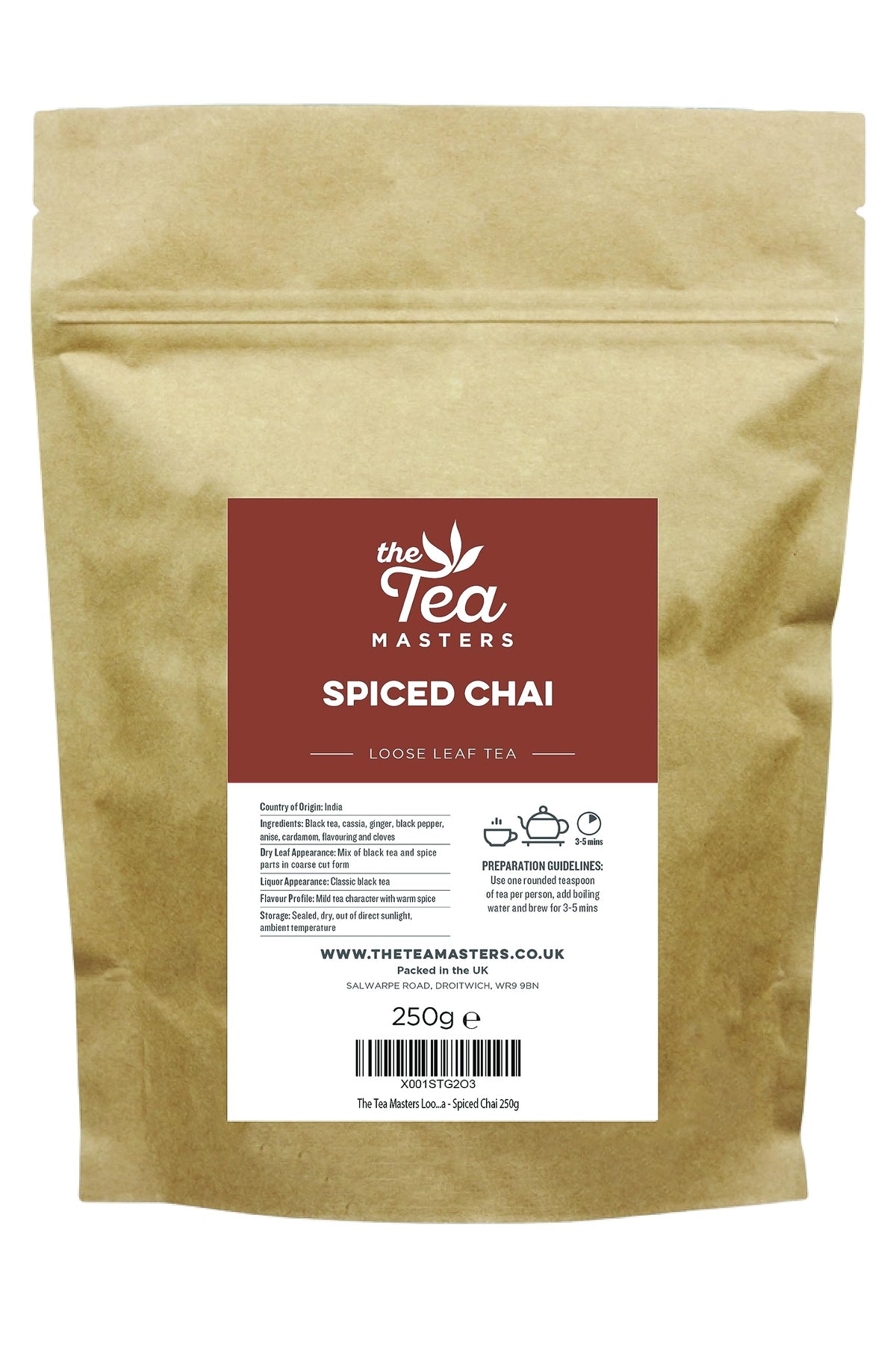 The Tea Masters Loose Leaf Tea - 250g Premium Spiced Chai - Richly Flavoured Black Leaves with Ginger, Cassia, Pepper, Anise, Cardamom, Cloves -