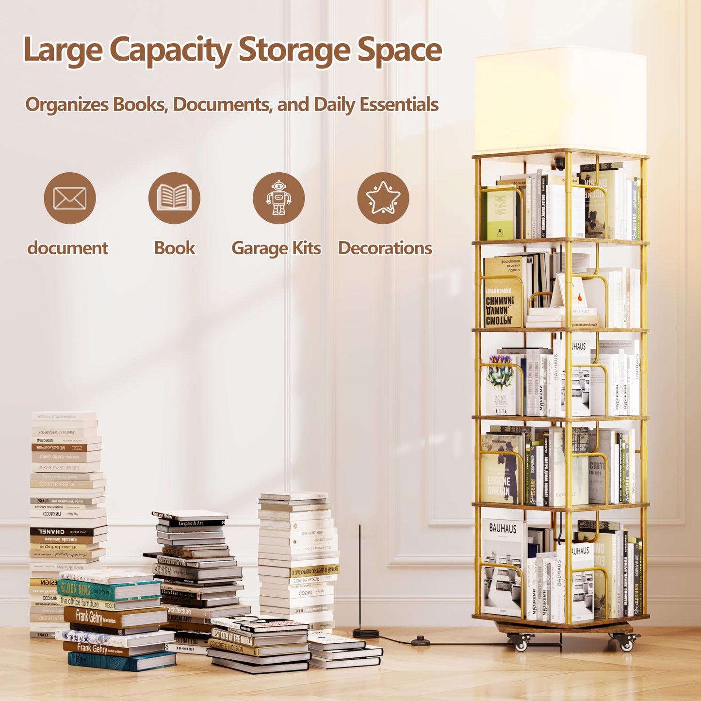 Quikraen 5-tier Revolving Bookcase with LED and Lockable Castors,Gold+Brown
