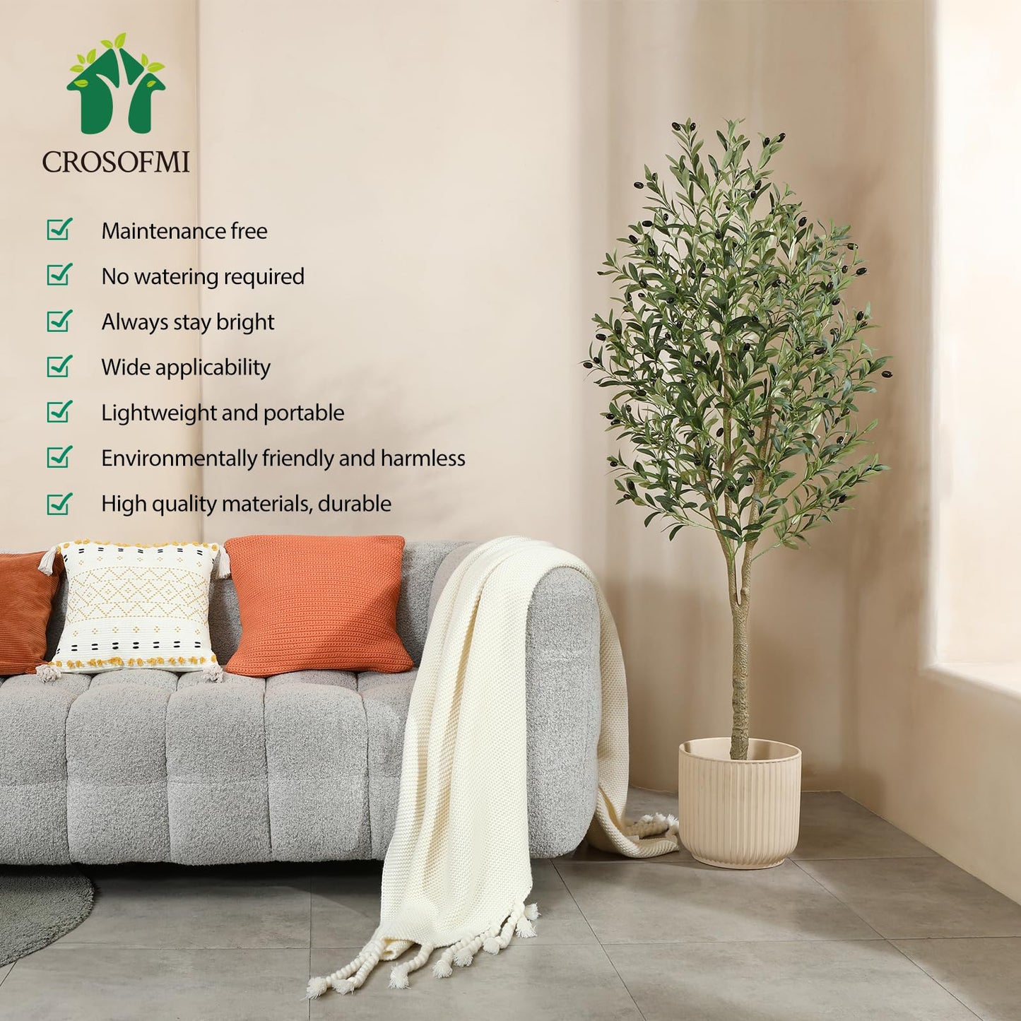 CROSOFMI Artificial Olive Tree 180cm Big tall Fake Plants, Artificial Olive Silk Plants Indoors in Pots, Faux Tropical large artificial plant suitable