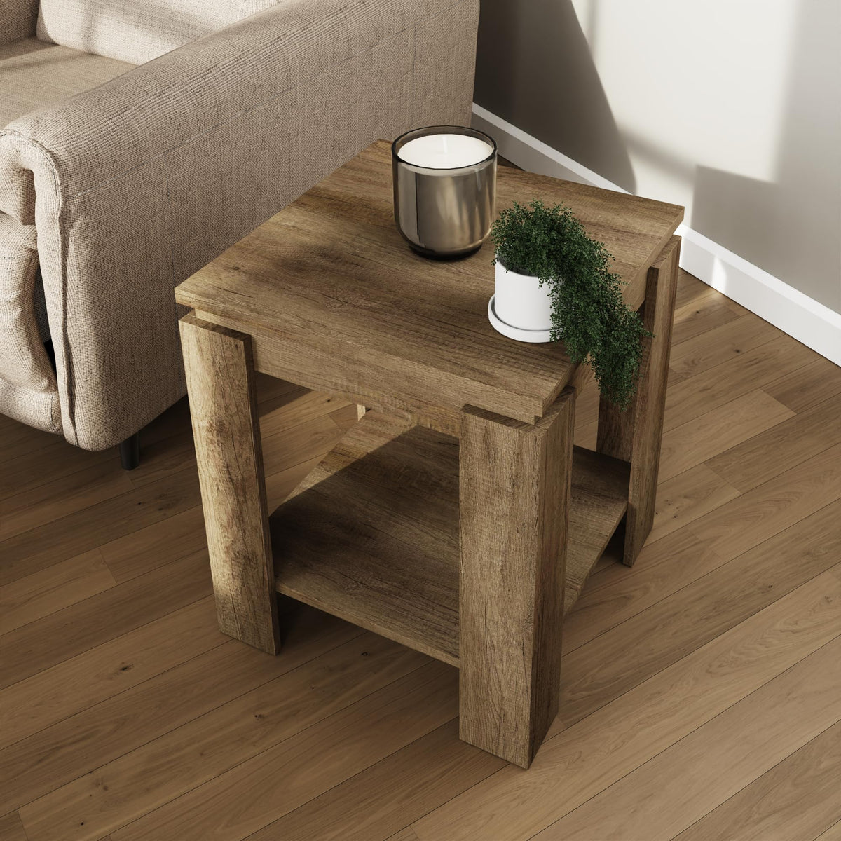 GFW Canyon Oak Lamp Table, Oak Effect Side Table with Storage Shelf, Rustic Living Room End Table with 3D Wood Finish