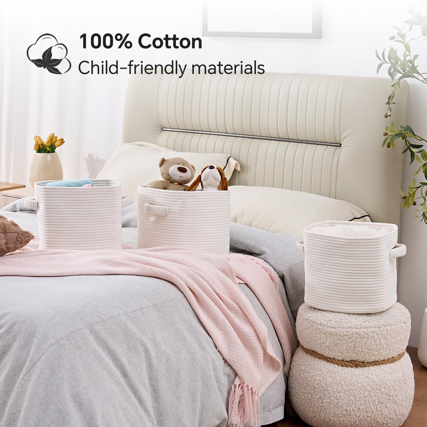 Mangata Set of 4 White Cotton Rope Cube Storage Baskets with Handles, 30x30x27cm, Woven Organisers for Shelves, Bathroom, Bedroom