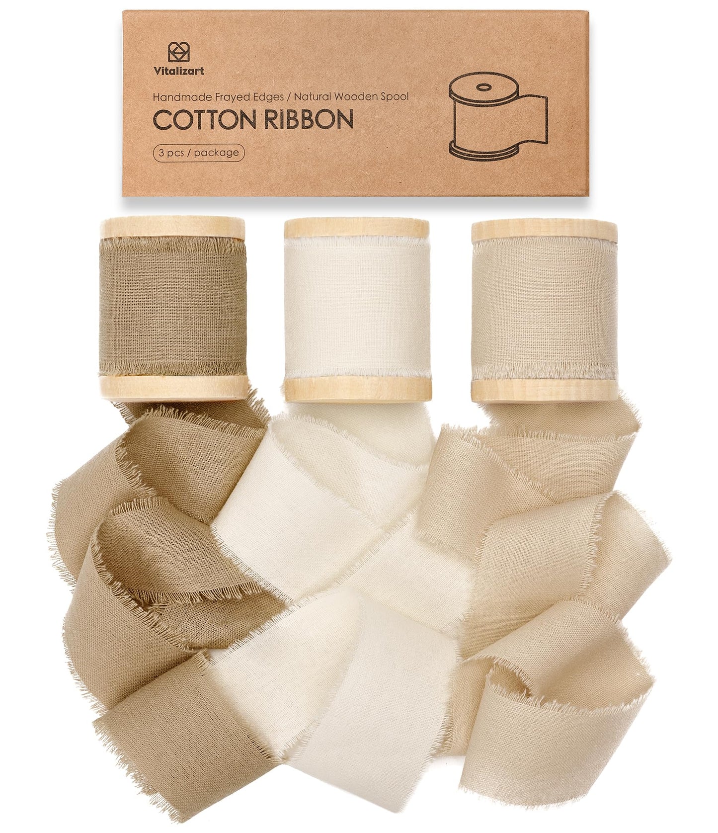Vitalizart 100% Cotton Ribbon 1-1/2" x 15Yd Brown & Cream & Beige, Handmade Frayed Fringe Fabric Ribbons for Gift Wrapping, Wedding Invites, Bridal