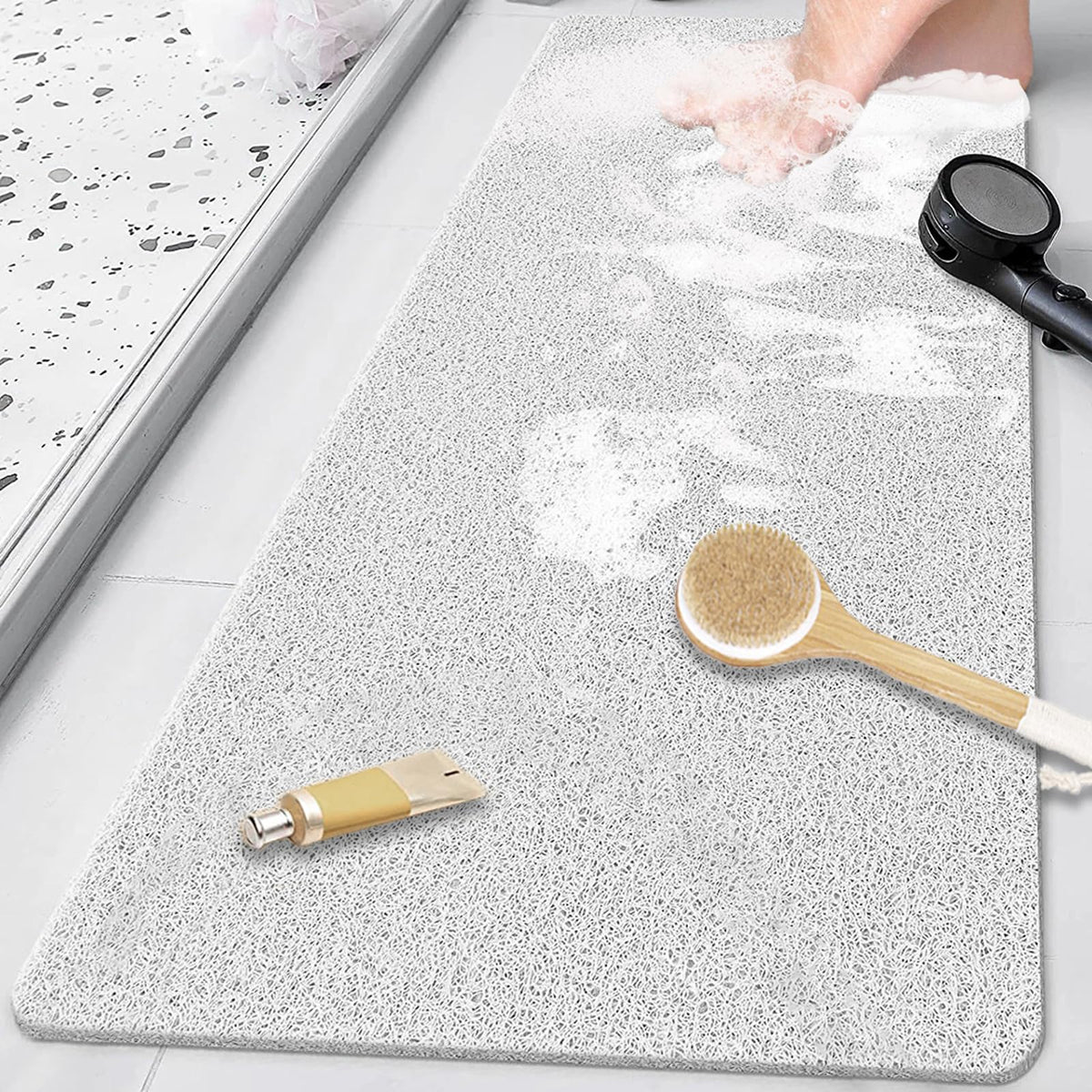 Shower Mat (80 x 40 cm), Non Slip Bath Mats for Inside Bath, Anti Mould Antibacterial PVC Loofah Shower Mat, Soft Comfort Bath Mat Massage Mat for
