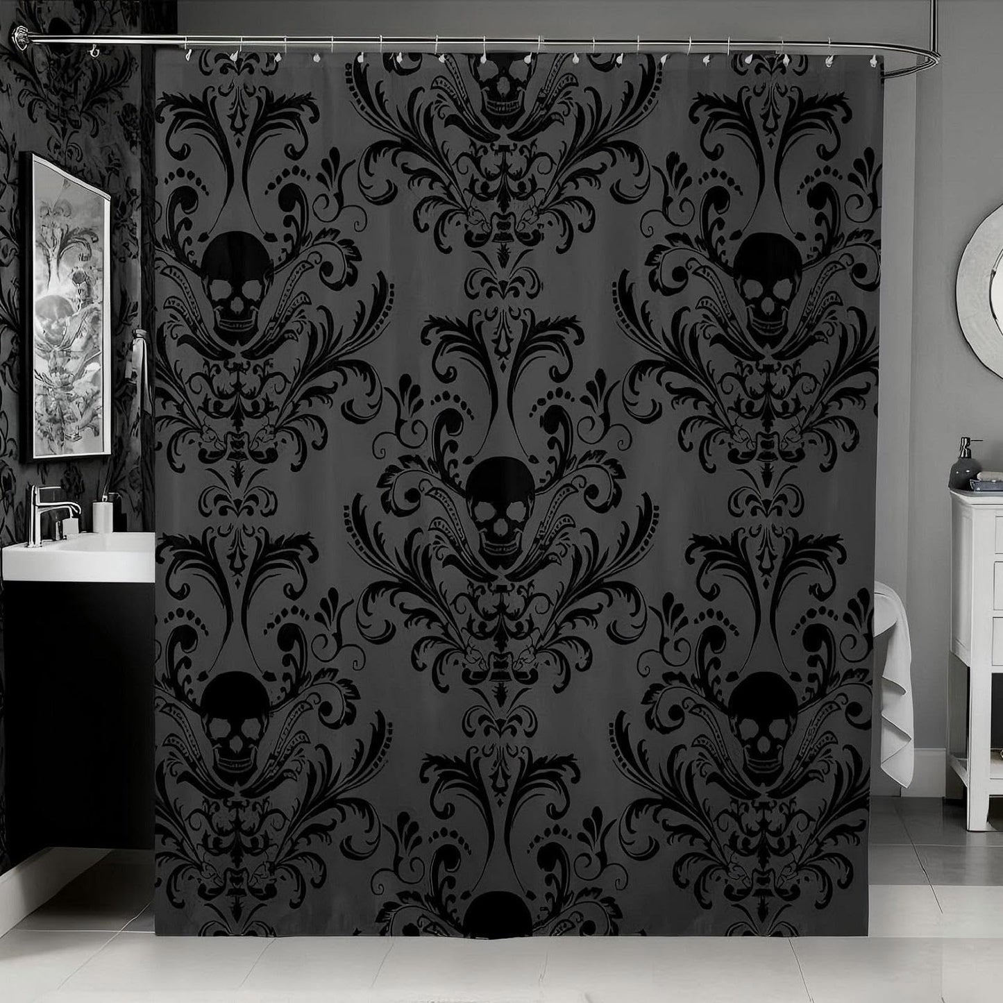Erosebridal Black Damask Fabric Shower Curtain Antique Victorian Baroque Gothic Shower Curtain Sets Vintage Floral Exotic Sugar Skull Bathroom