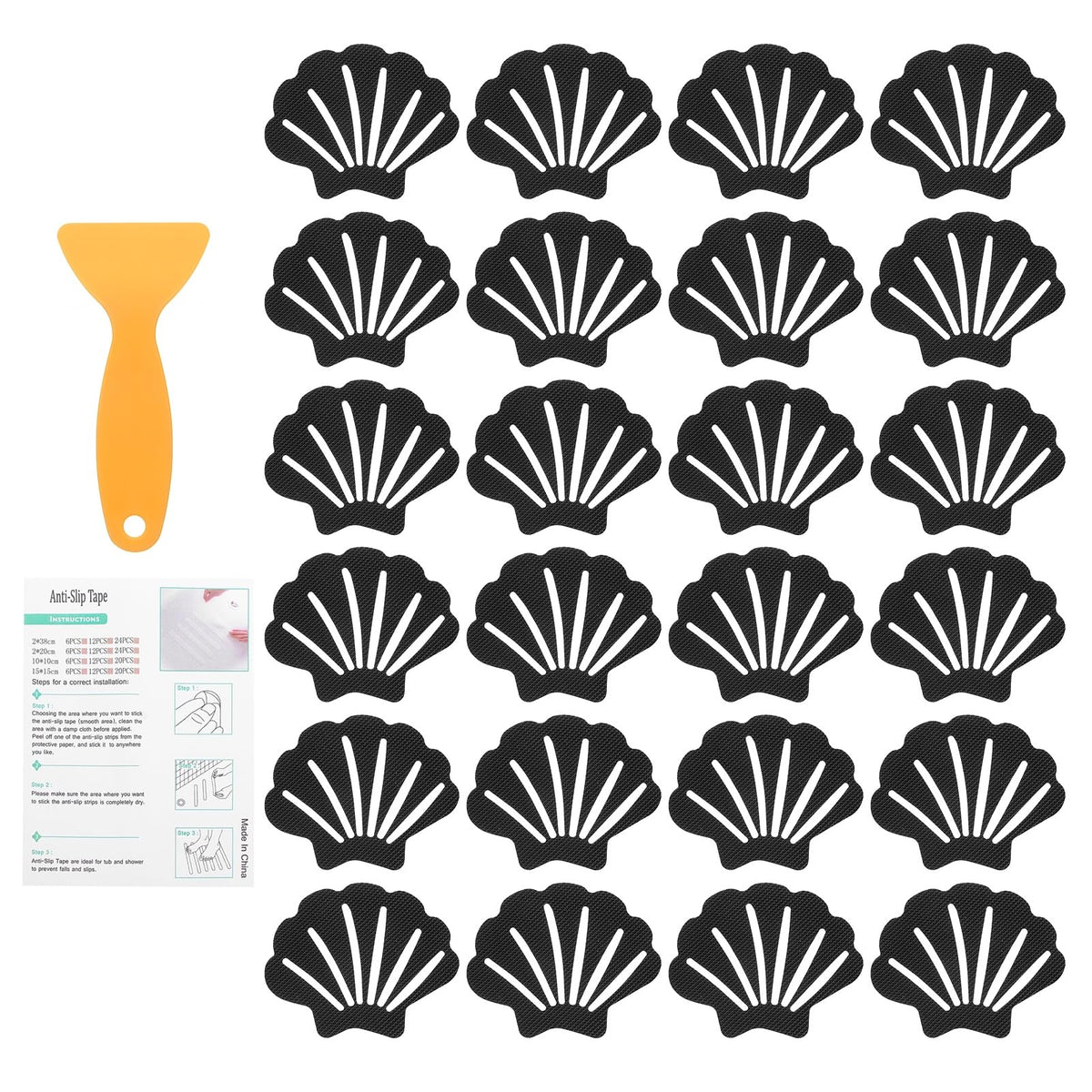 sourcing map 24Pcs Non-Slip Bathtub Stickers, 9x7 cm Shell Shape Shower Floor Non Slip Stickers with Scraper for Bathroom Shower Stairs Ladders, Black