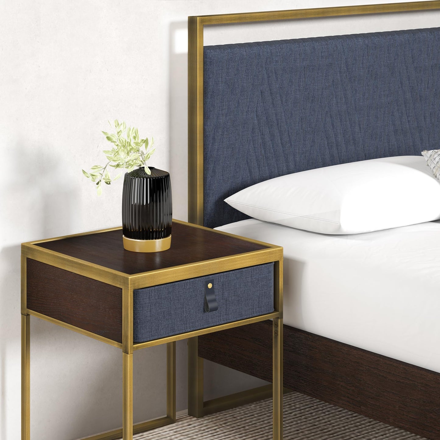 Zinus Ilsang Nightstand 45x43x52 cm - Metal and Wood Side table - Taupe fabric drawer - Navy Blue, Red Oak Brown and Gold
