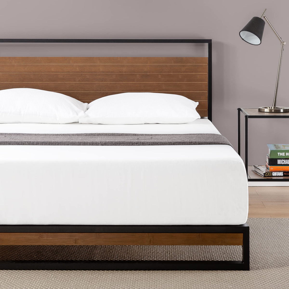 Zinus Suzanne Metal and Bamboo Bed Frame | Double 135x190 cm | 18 cm High | Low Profile | Headboard | Wood Slat Support | Easy Assembly | Black
