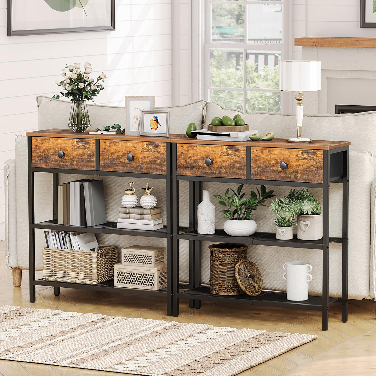 HOOBRO Console Table, Slim Console Table with 2 Non-woven Drawers, Hallway Table with Storage, Slim Sofa Table for Small Spaces, Living Room, Rustic