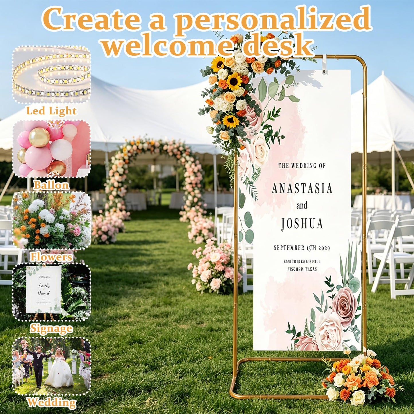 YEXEXINM Wedding Sign Holder Adjustable Height Black Metal Welcome Sign Stand with 4 Leather Hanging Straps Heavy Duty Easel Stand for Seating Charts
