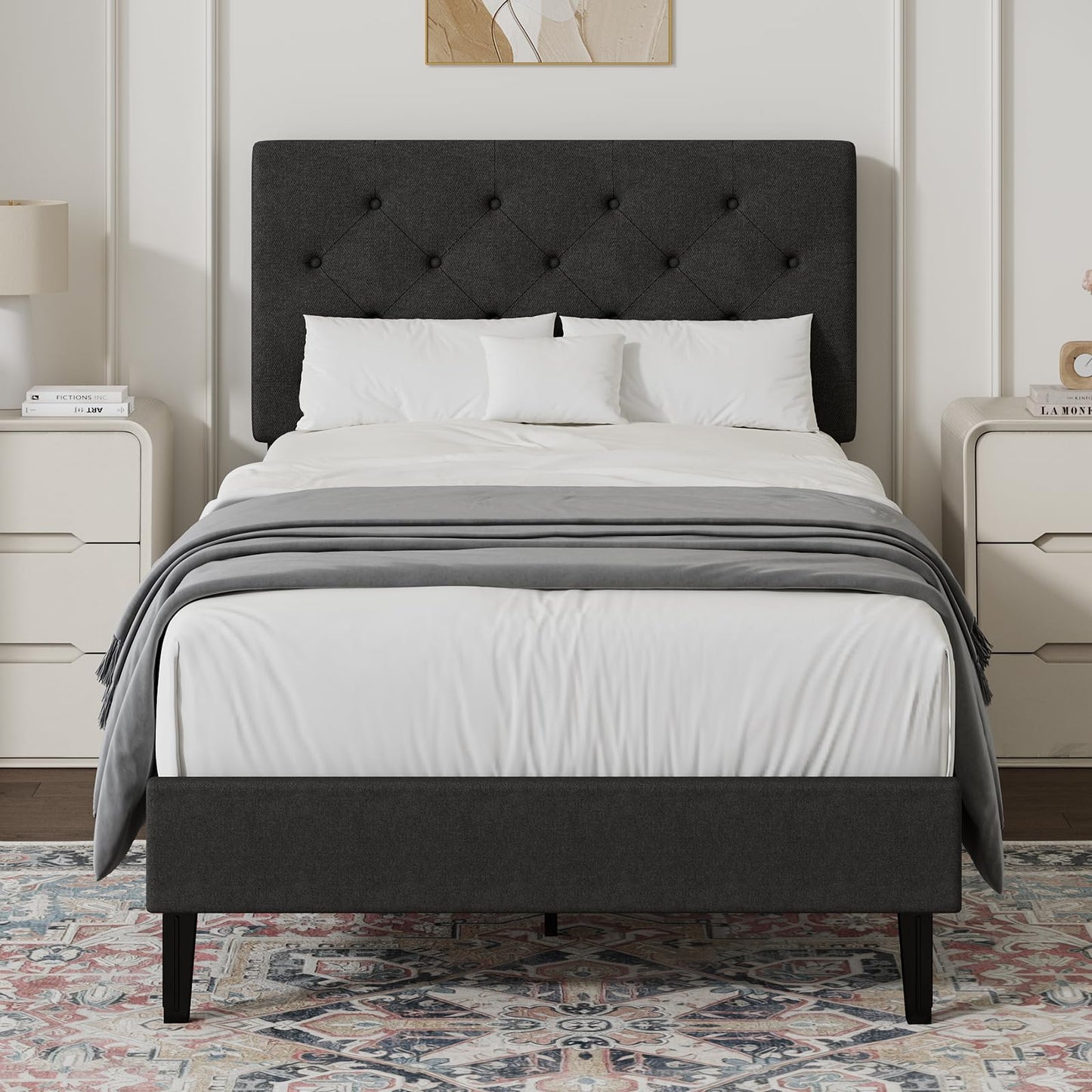 HOMBCK Single Bed Frame, 90 x 190 cm, with Adjustable Upholstered Headboard, Heavy Duty 256kg Weight Capacity, Easy Assembly, No Box Spring Needed