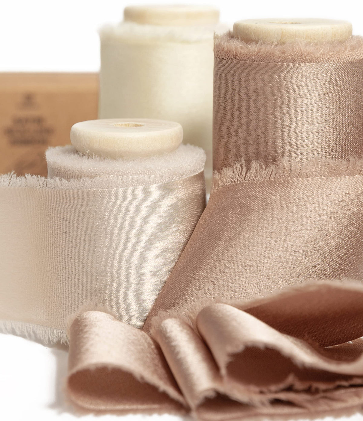 Vitalizart Silky Satin Ribbon Champagne & Nude, 1.5'' x 15 Yard with Wooden Spool, Handmade Fringe Chiffon Ribbons for Gift Wrapping, Decorations, DIY