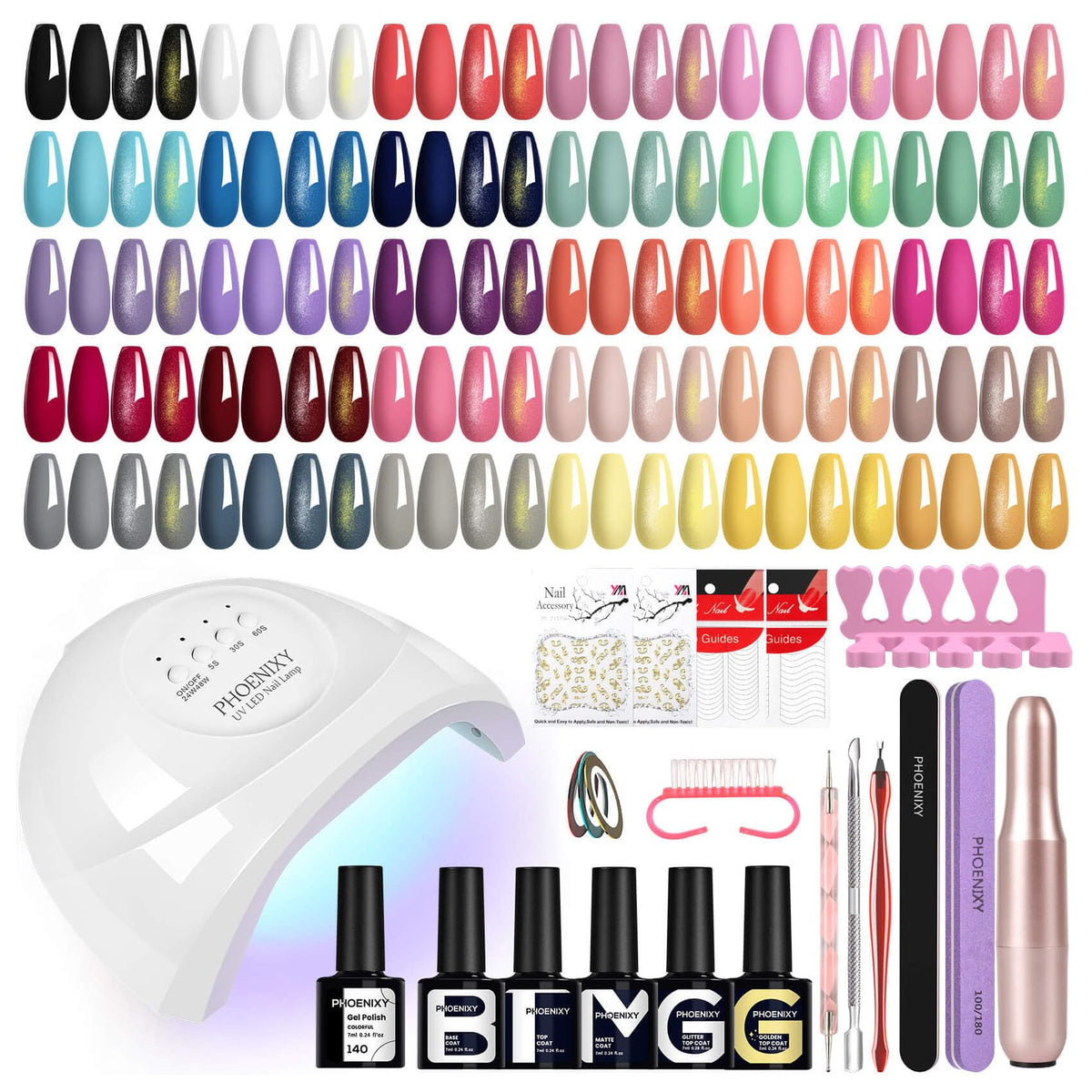 Phoenixy Gel Nail Polish Set, 51Pcs Gel Nail Kit with Drill and Lamp, 30 Colours White Red Purple Gels Polish Set with Full Tools, Base Glossy Matte