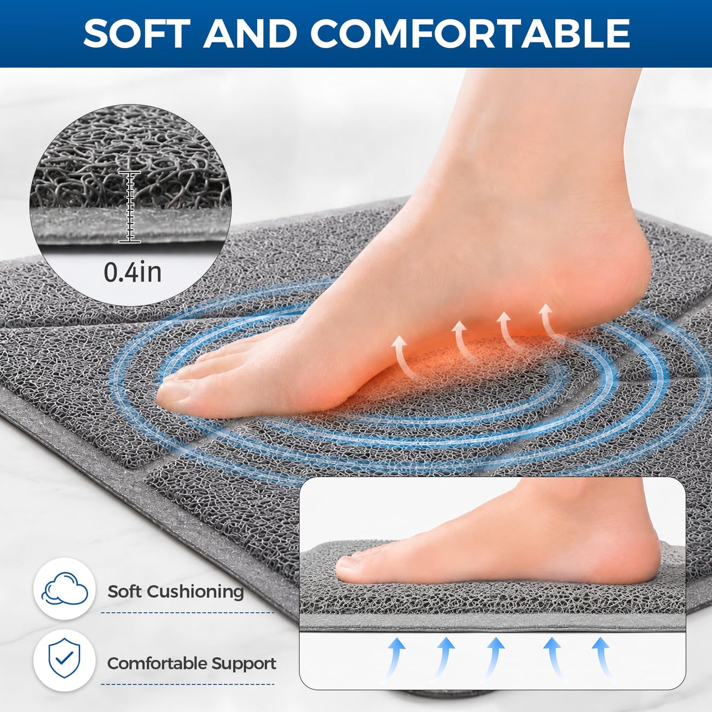 XIYUNTE Square Shower Mat Non Slip Anti Mould, Bath Mat with Heat-Pressed Edging 60x60cm, INCL. Hooks for Drying