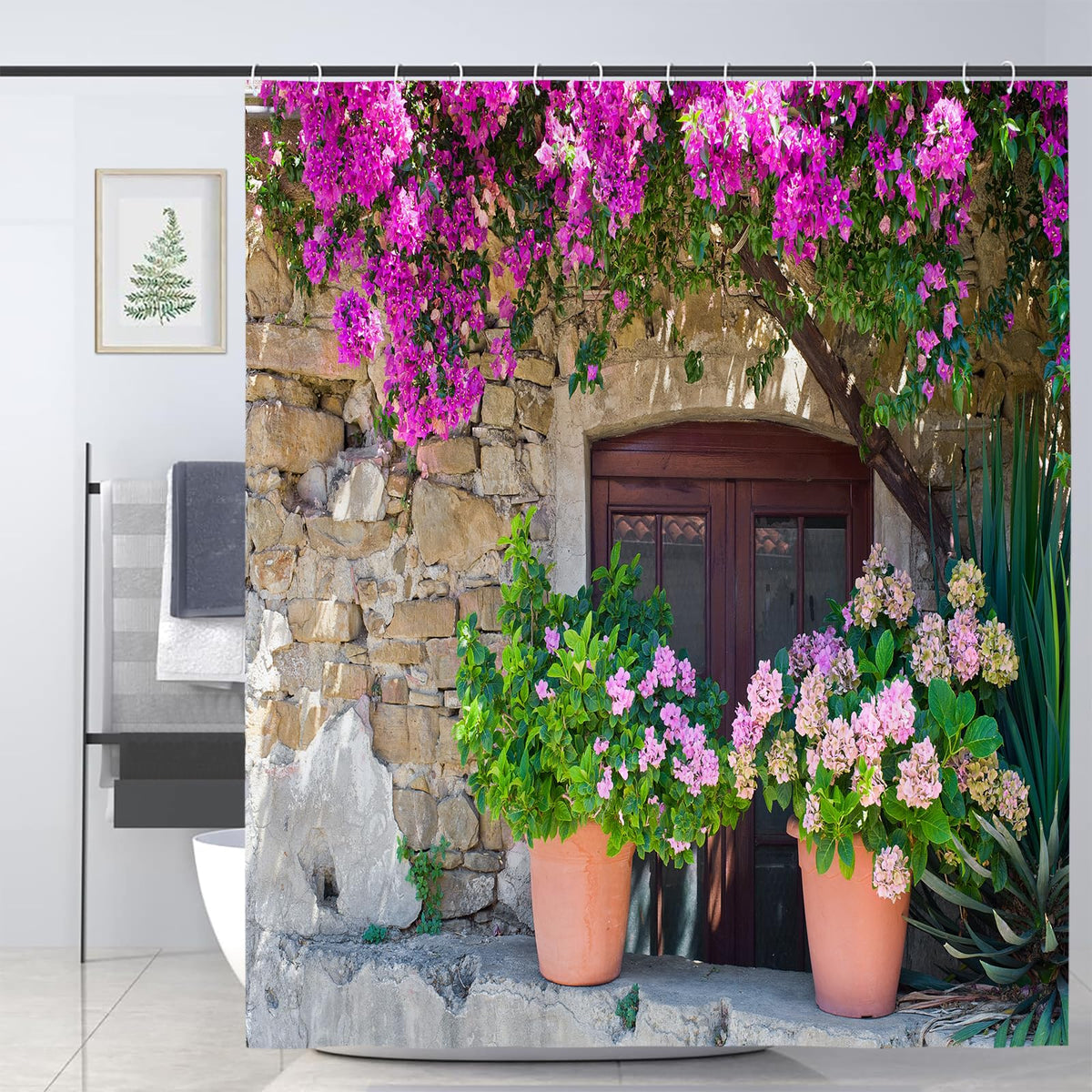 JOOCAR Italian Shower Curtain View of Stonewall House w/ Flowerpot Red Purple Flower in Italy Rural Town Garden Bath Curtain Waterproof Shower