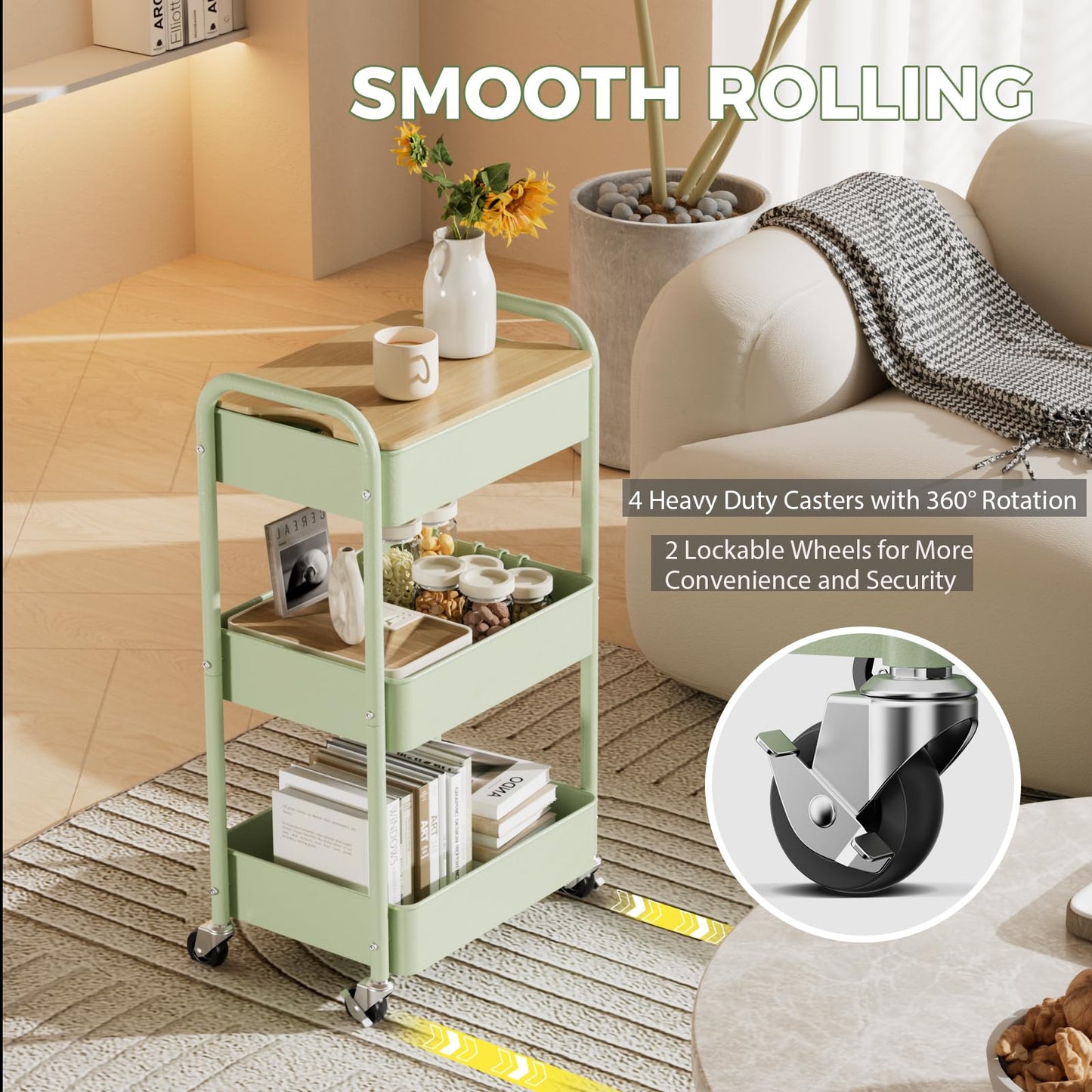 Shrivee 3-Tier Rolling Cart with Table Top, Serving Trolley, Metal Rolling Utility Trolley, Shelf on Wheels, Shelf, Organiser, Kitchen Shelf