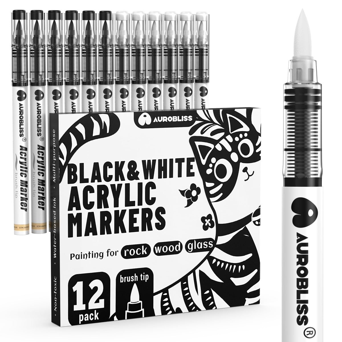 Aurobliss Black and White Acrylic Paint Pens 12pcs, Flexible Brush Tip Acrylic Markers for Rock, Ceramic, Glass, Wood, Fabric Painting