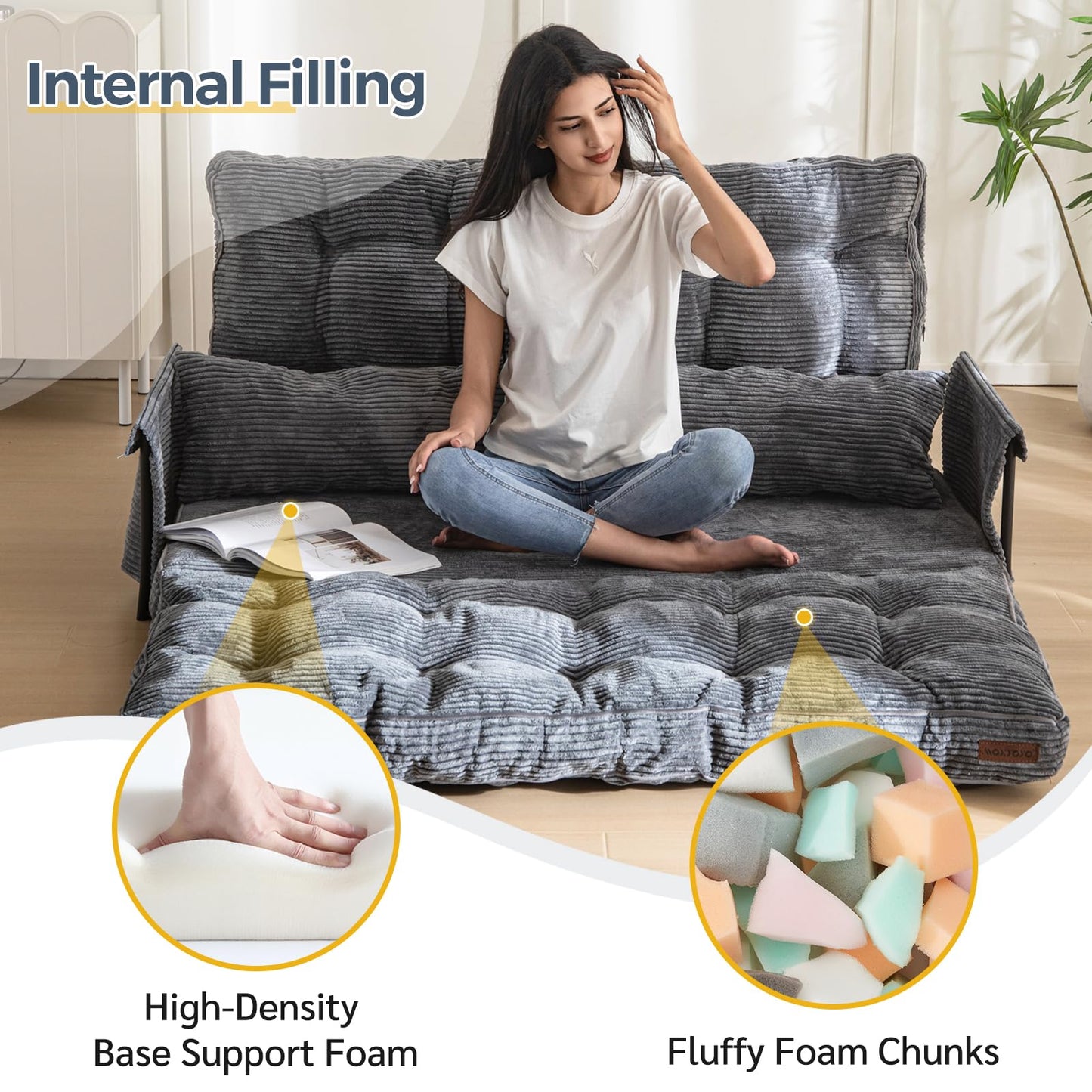 MAXYOYO Adjustable Floor Sofa Couch with 2 Pillows, Multi-Functional Bean Bag Bed, 5-Position Foldable Lazy Sofa Sleeper Bed with Armrest