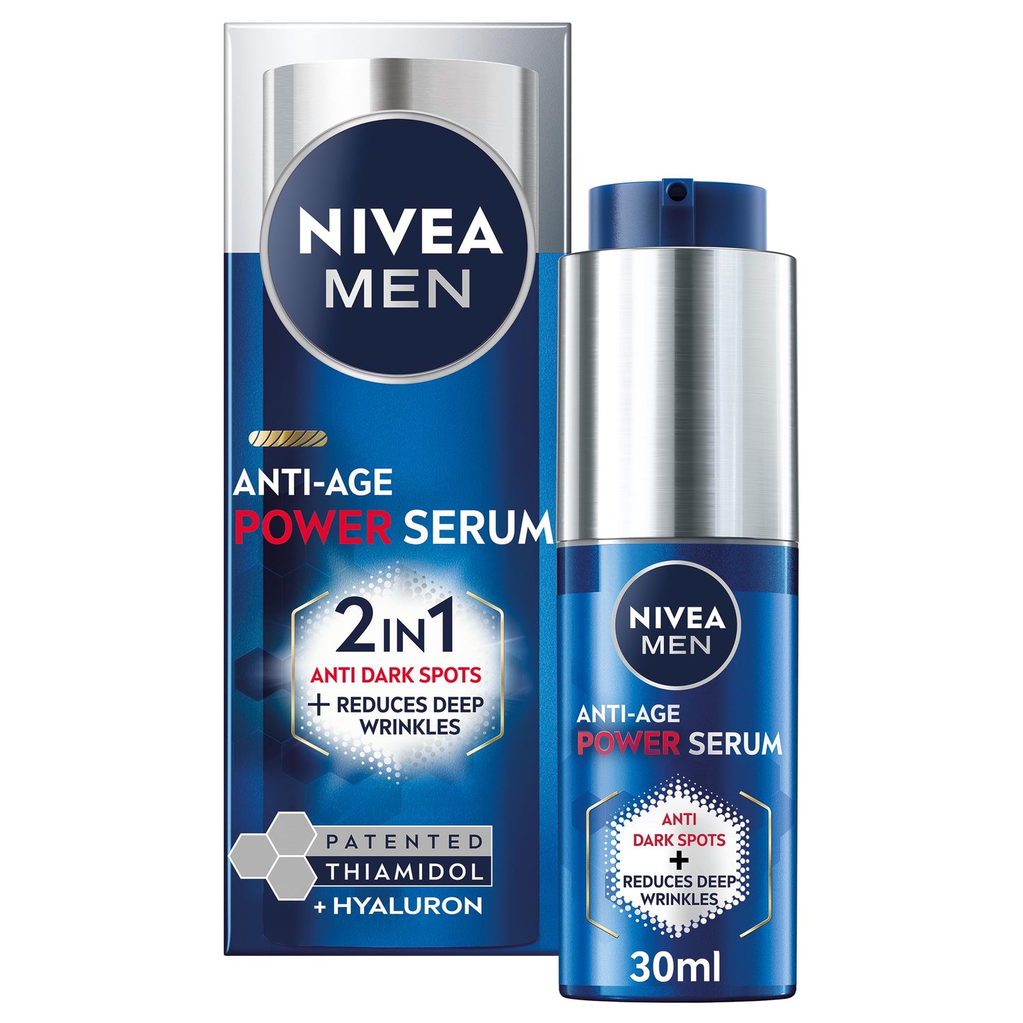 NIVEA MEN Anti-Age 2in1 Power Serum (30ml), Hydrating Serum with Thiamidol and Hyaluronic Acid, Reduces Deep Wrinkles and Dark Spots for