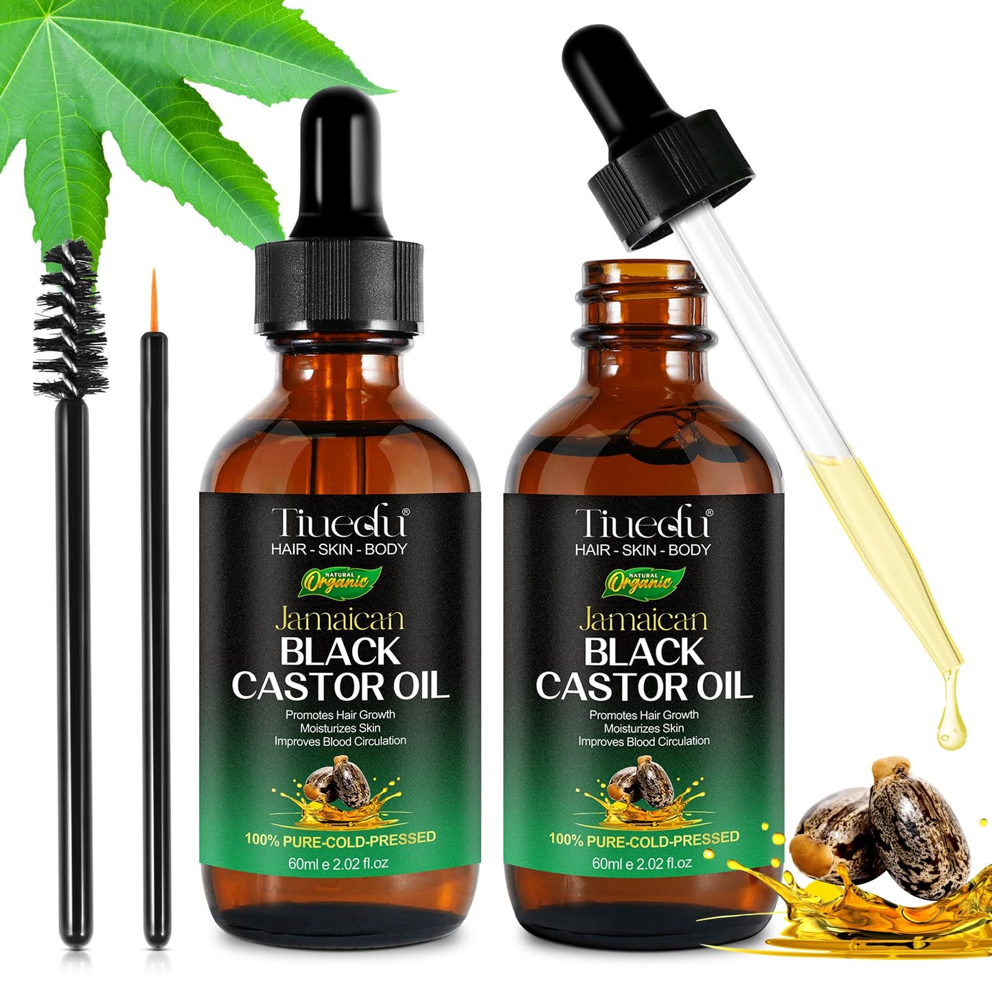 2Pack Jamaican Black Castor Oil for Hair Growth,Thicker Eyelashes & Eyebrows,Organic Castor Oil for Face,Body & Skin,100% Pure Cold Pressed Black