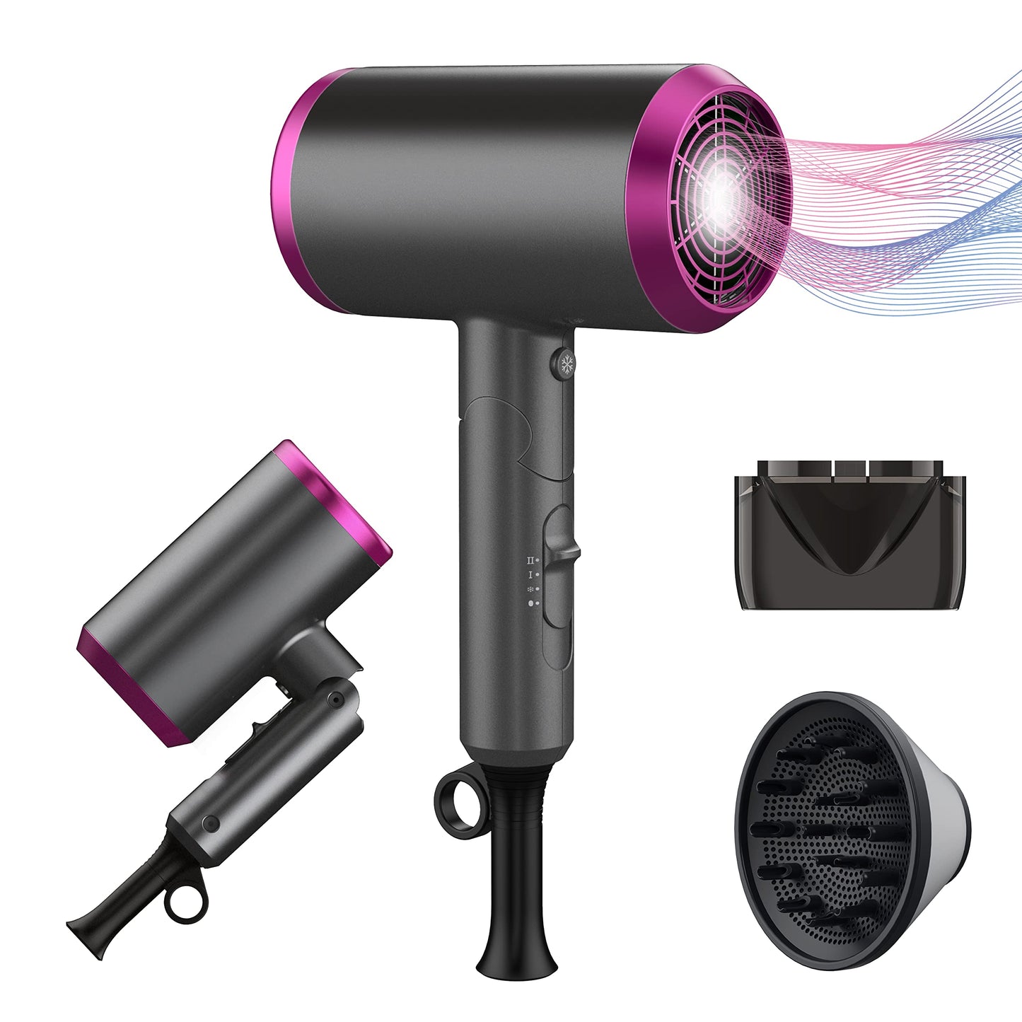 Travel Hair Dryer with Diffuser, Professional Hairdryer Low Noise Lightweight Blow Dryer for Curly Hair Concentrator with 2 Speed, Heat and Cool