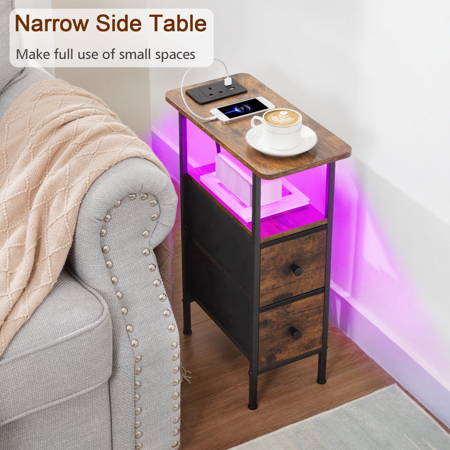 LOAKEKEL Narrow Bedside Table Set of 2, Slim Side Table for Bedroom