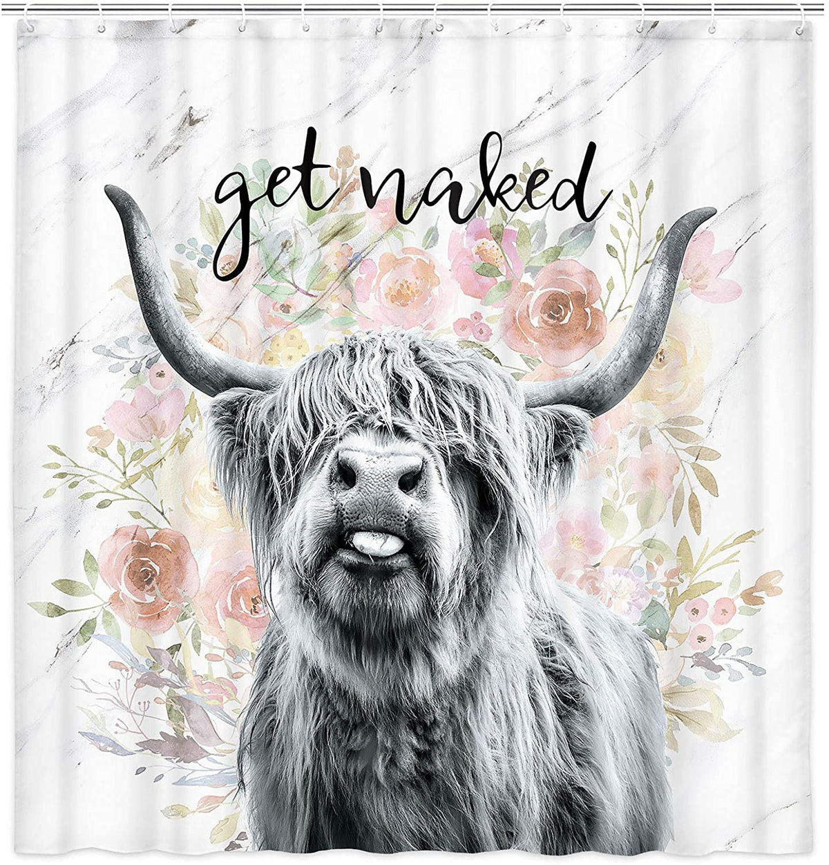 Funny Highland Cow Get Naked Shower Curtain, Country Style Cattle Cow Floral Farmhouse Bathroom Decor Polyester Fabric Waterproof Curtain with 12Hooks