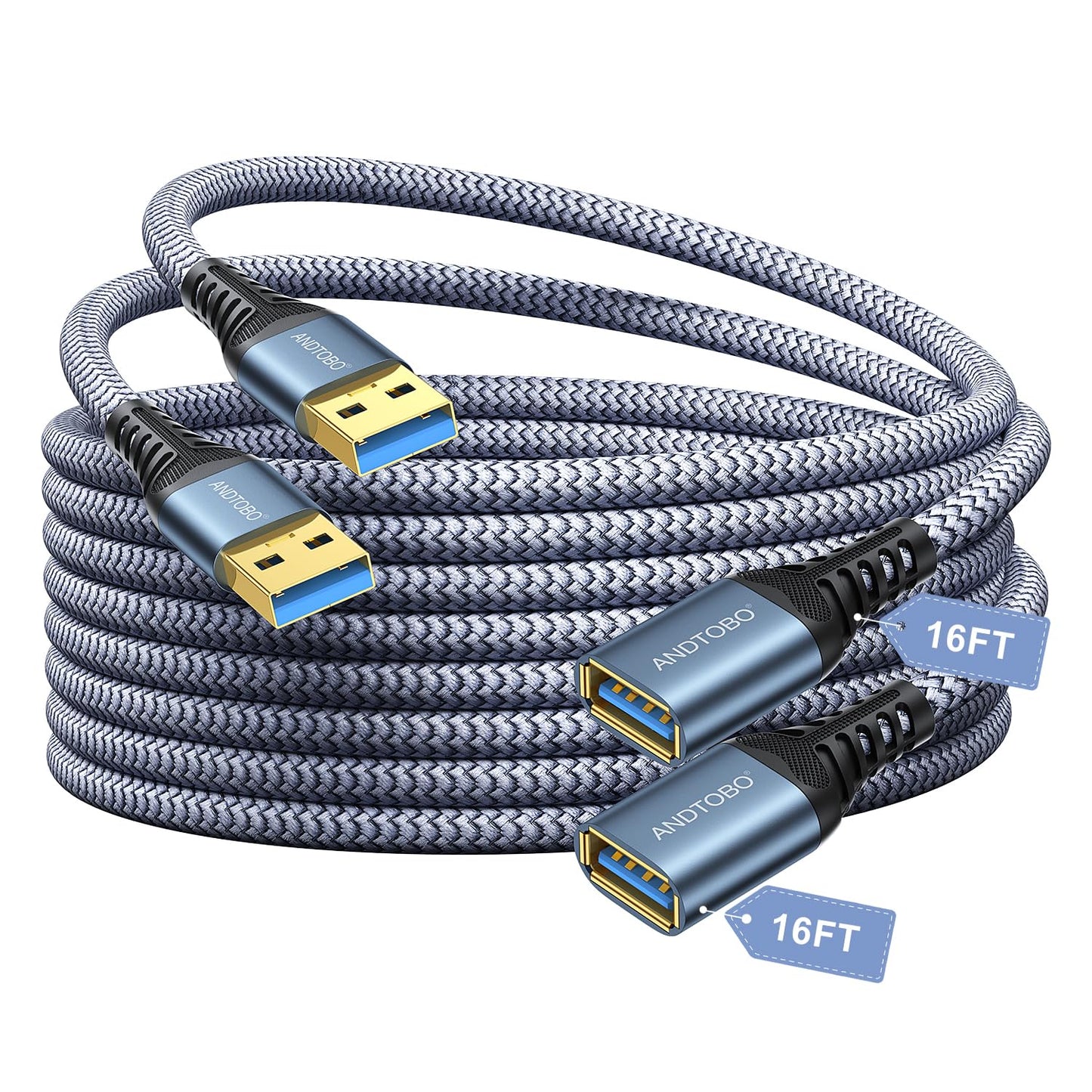 2 Pack-5M USB Extension Cable , USB 3.0 Type A Male to Female Extender Cables High-Speed Data Transfer 5Gbps Compatible with Gamepad, Printer, Webcam,