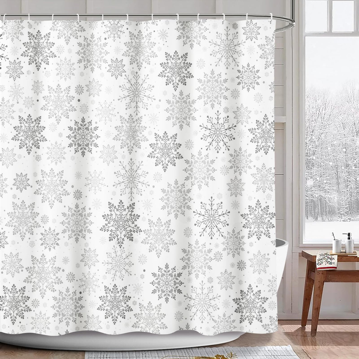 AIBIIN Winter Snowflake Shower Curtain Gray White Snow Pattern Bath Curtains Christmas Decor for Bathroom Durable Waterproof Polyester Material with