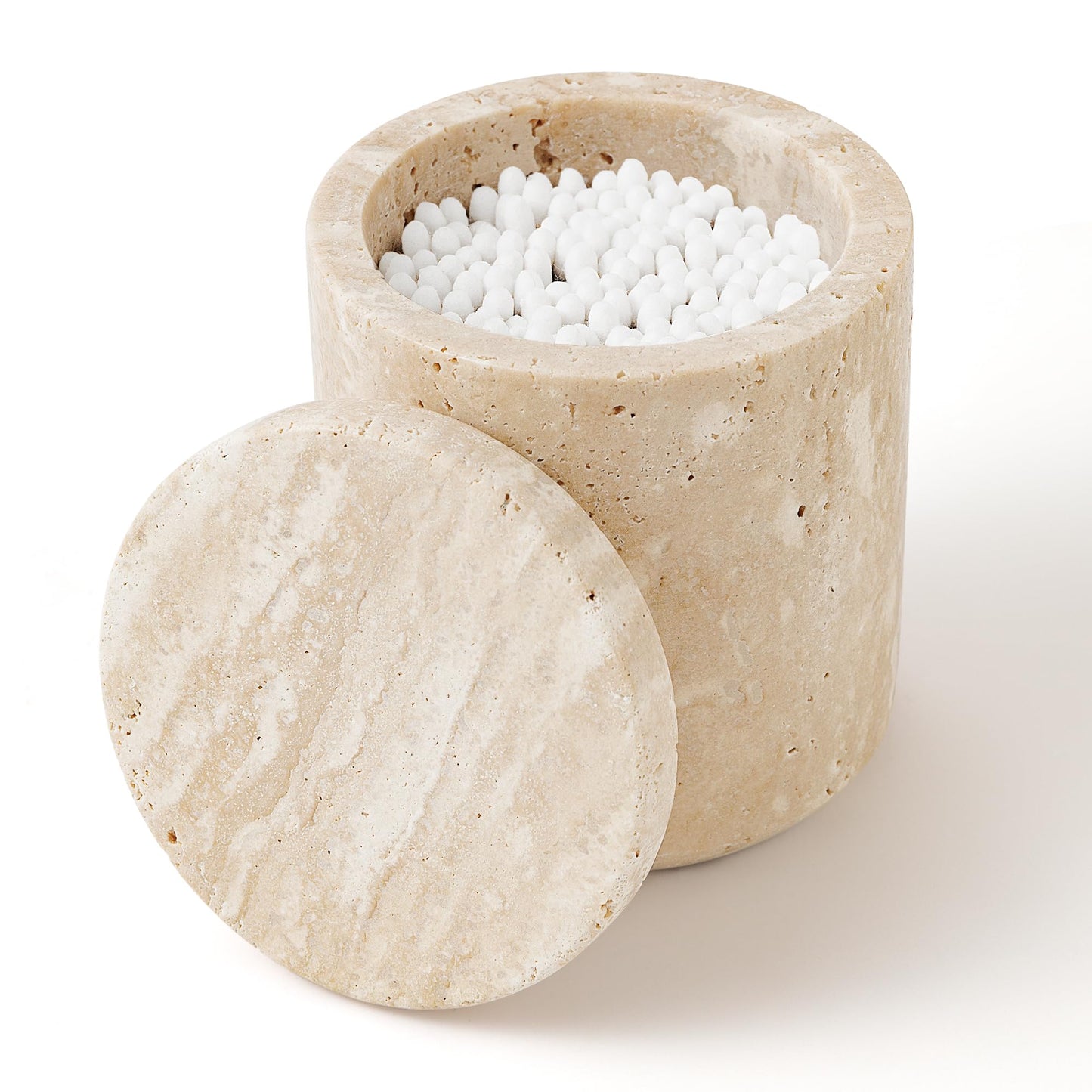 Travertine Stone Canister Natural Marble Cotton Bud Holder with Lid Large Capacity Cotton Pads Storage Dispenser for Cotton Swab Cotton Ball Makeup