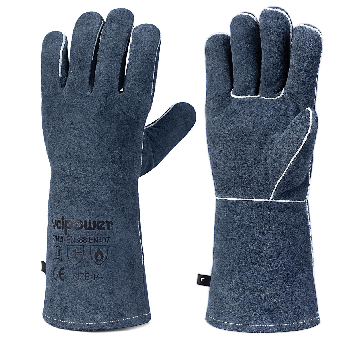 Vclpower Fireplace Welding Gloves Fire Heat Resistant: 14IN Fireproof Leather for Fireplace Fire Pit Wood Stove Campfire Furnace BBQ Baking,Grill Oven