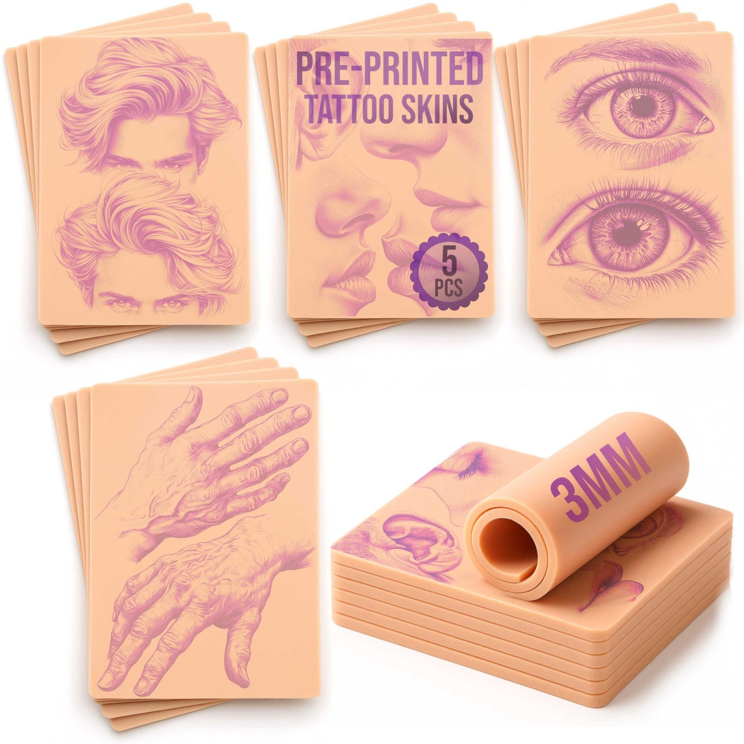 Stencil Skins Pre Printed Fake Skin Set, 5 Face Designs, 3mm Silicone Beginner Tattoo Kit, fIdeal for Shading, Proportion & Detail Work for
