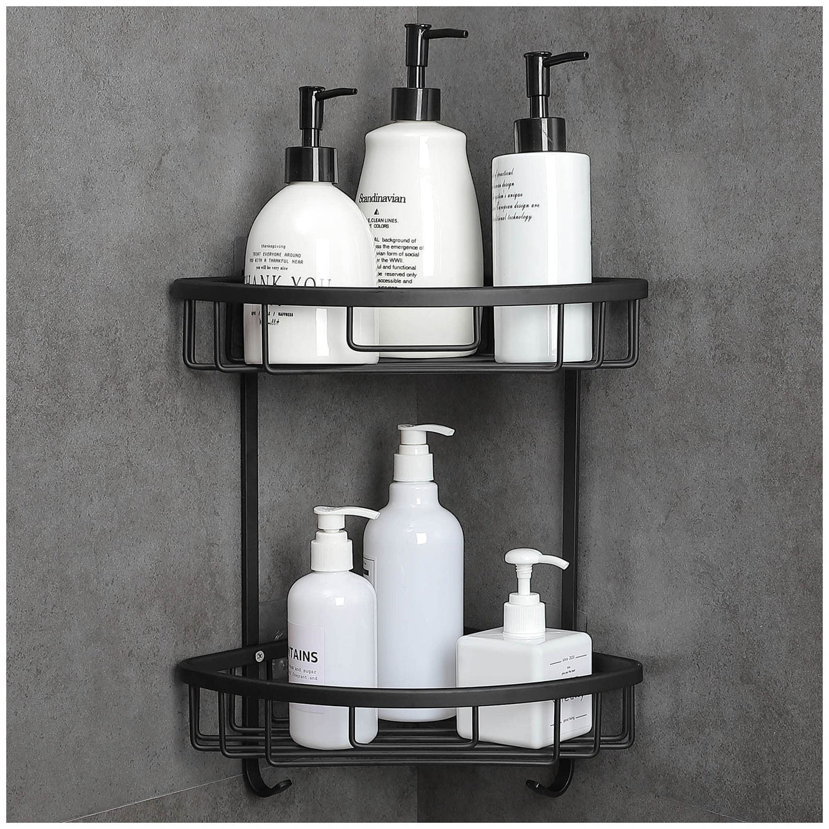 GRICOL Shower Corner Shelf No Drilling Space Aluminum Wall Mounted with Stickers Triangular Adhesive Caddy Basket for Bathroom 2 Level (Black)