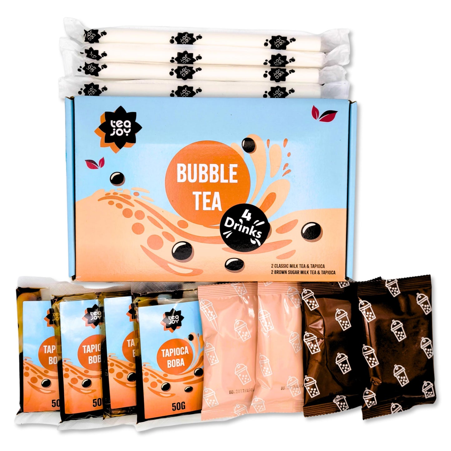 TeaJoy Bubble Tea Kit (Makes 4 Drinks) - Milk Tea & Brown Sugar + Instant Tapioca Pearls - Simple & Fun - Just Add Milk & Ice - Vegan-Friendly